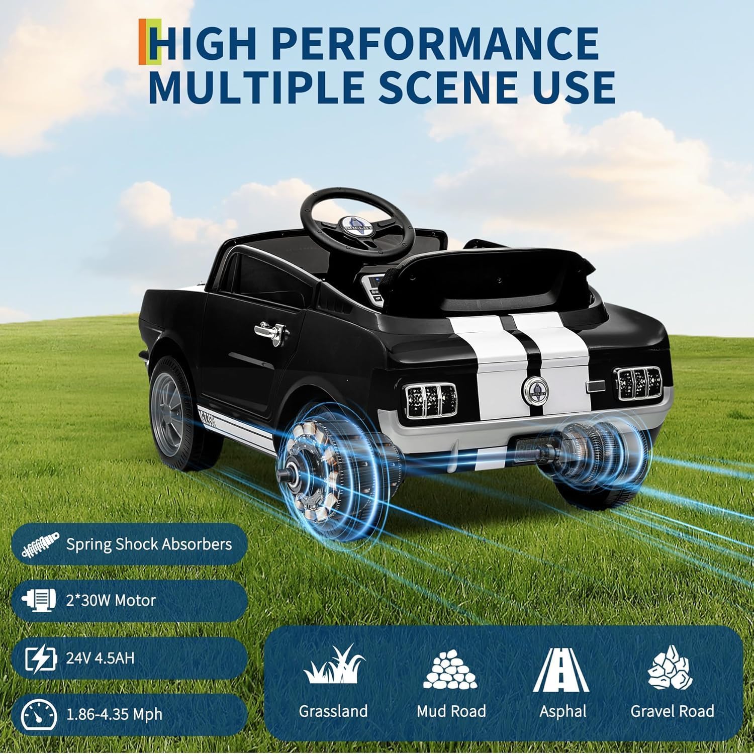 Garvee Ride - P Series: 24V 7AH 2-Seater Ride-On Car Kids Remote Control Dual Safety Belts 2-Speed LED Lights Music Black