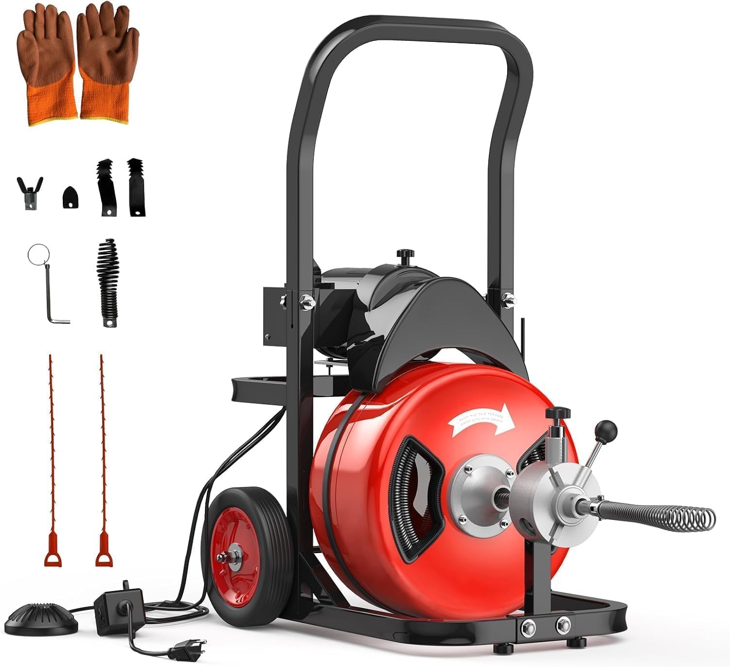 Garvee Powerful 100Ft x 3/4 Inch Electric Drain Cleaning Machine – 750W Auto-Feed Sewer Snake – 6 Cutter Heads – Air-Activated Foot Switch – For 4"-8" Pipes – Professional Plumbing Tool – Red Color