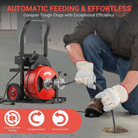 Garvee Powerful 100Ft x 3/4 Inch Electric Drain Cleaning Machine – 750W Auto-Feed Sewer Snake – 6 Cutter Heads – Air-Activated Foot Switch – For 4"-8" Pipes – Professional Plumbing Tool – Red Color