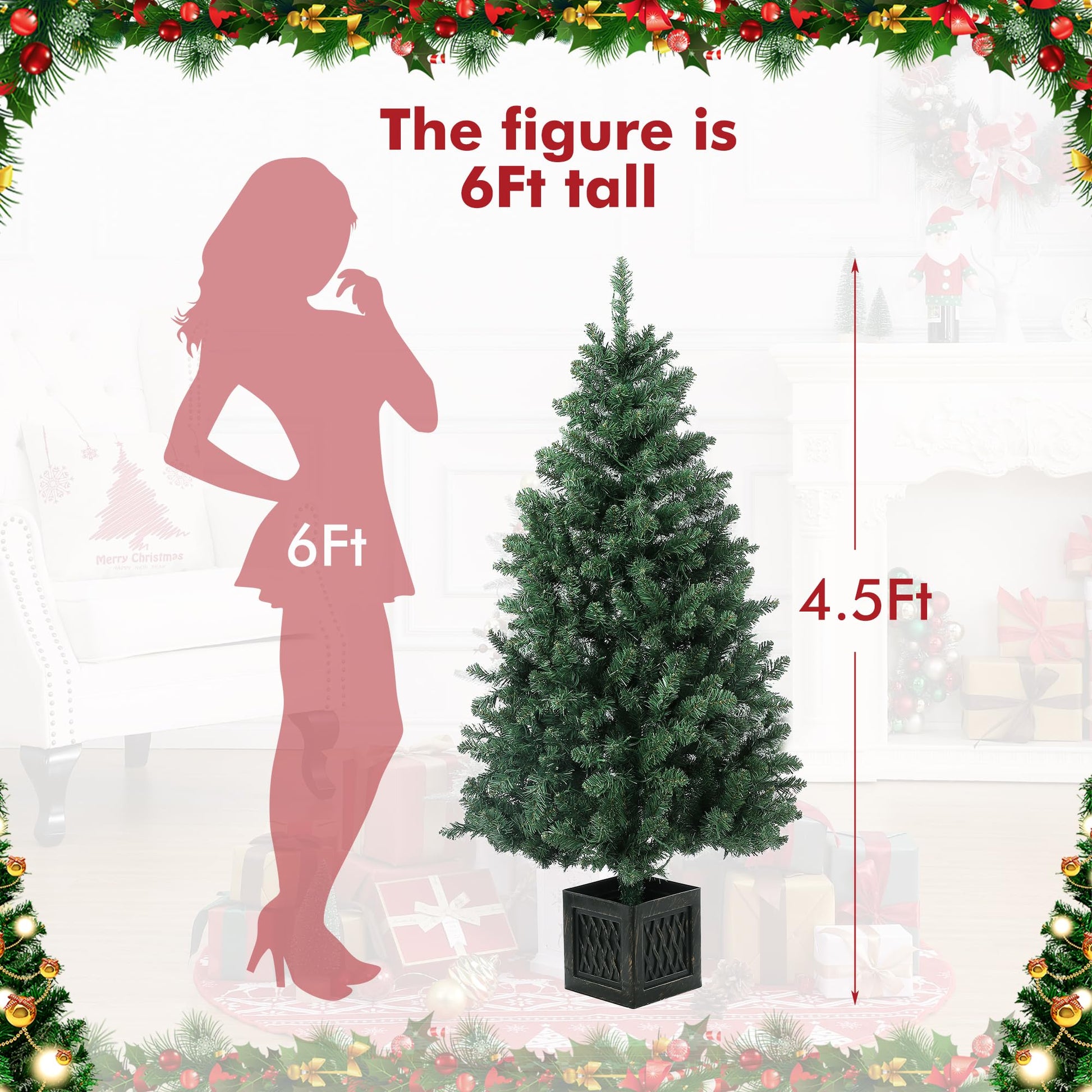 Garvee 4.5ft Christmas Tree with 300 LED Lights, 8 Lighting Modes, Pre-Lit Artificial Fiber Optic Xmas Tree, Potted Christmas Tree Decoration for Home, Office, and Hallways