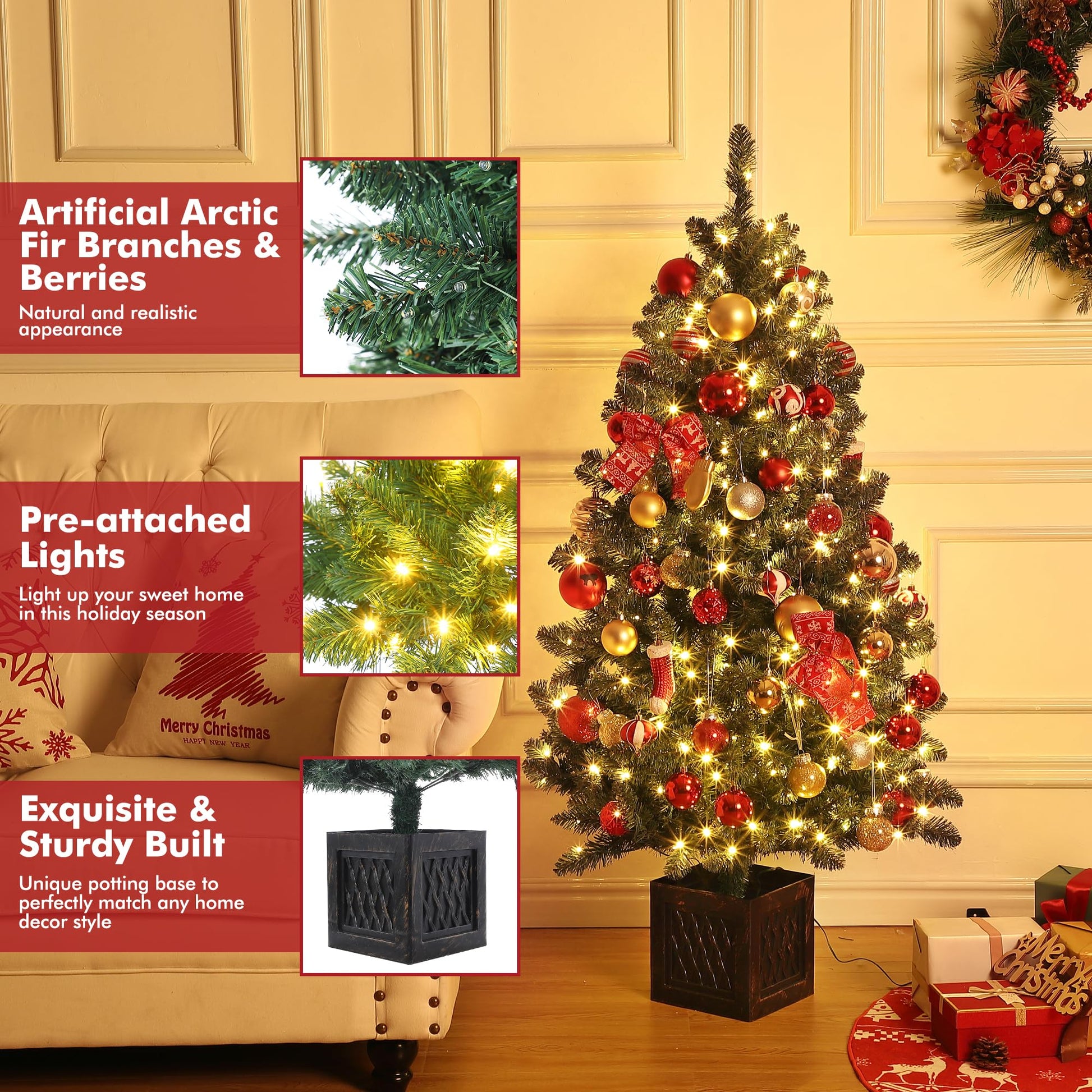 Garvee 4.5ft Christmas Tree with 300 LED Lights, 8 Lighting Modes, Pre-Lit Artificial Fiber Optic Xmas Tree, Potted Christmas Tree Decoration for Home, Office, and Hallways