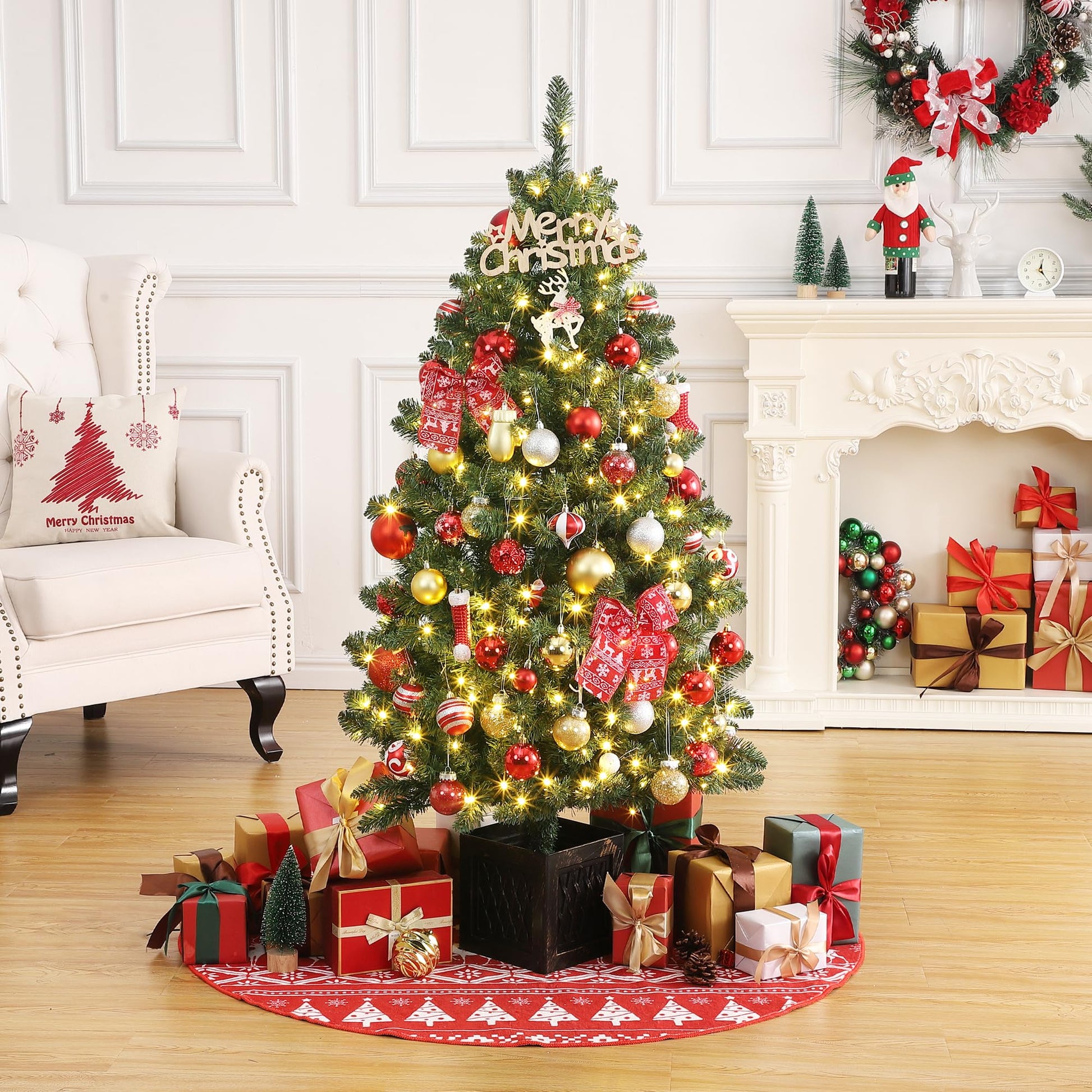 Garvee 4.5ft Christmas Tree with 300 LED Lights, 8 Lighting Modes, Pre-Lit Artificial Fiber Optic Xmas Tree, Potted Christmas Tree Decoration for Home, Office, and Hallways - 2 PCS