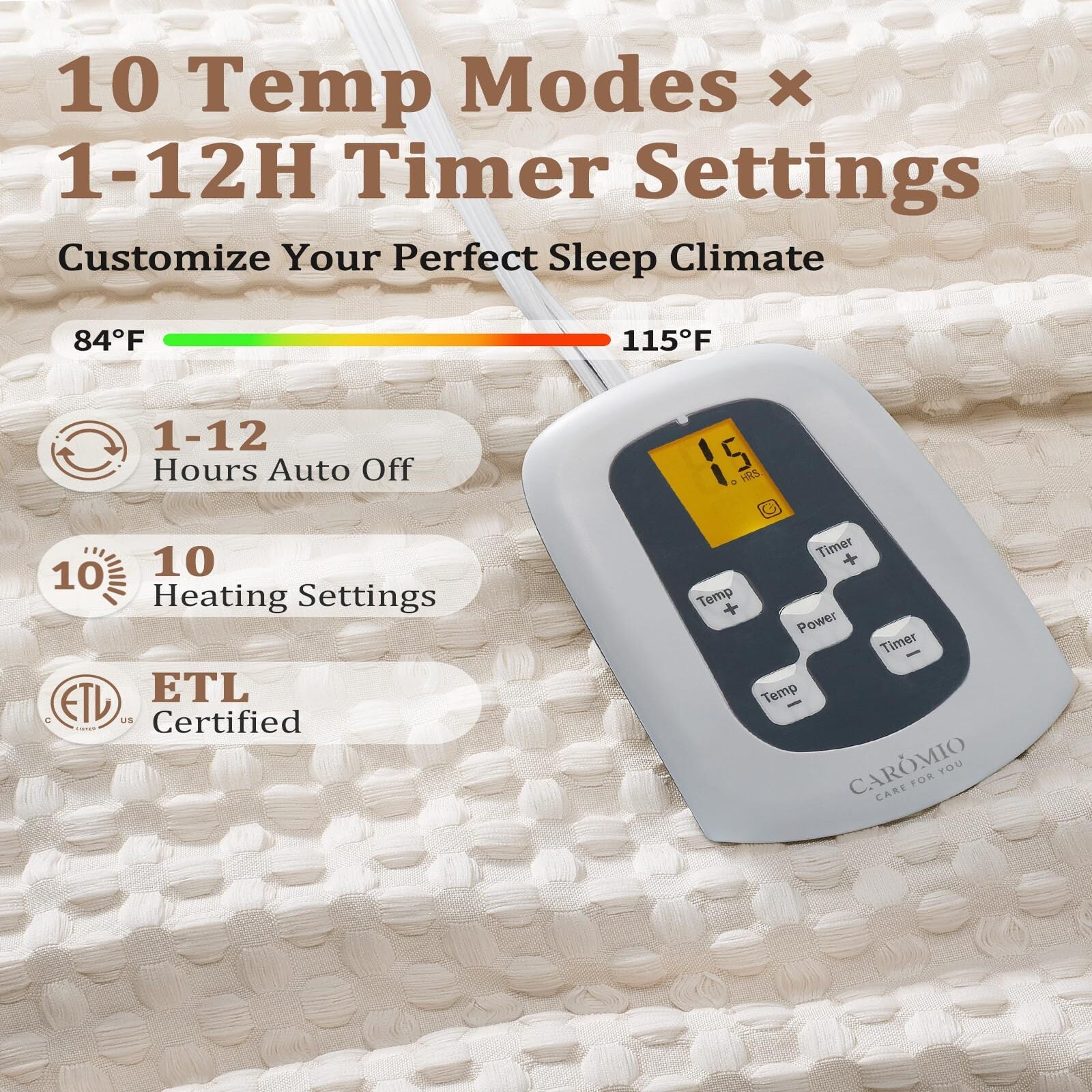 Garvee Heated Blanket Full Size, Waffle Weave Electric Blanket Throw with LCD Controller, Fast Heating, 10 Heat Levels & 1-12H Time Settings, ETL Certified, Machine Washable, Beige, 72" x 84"