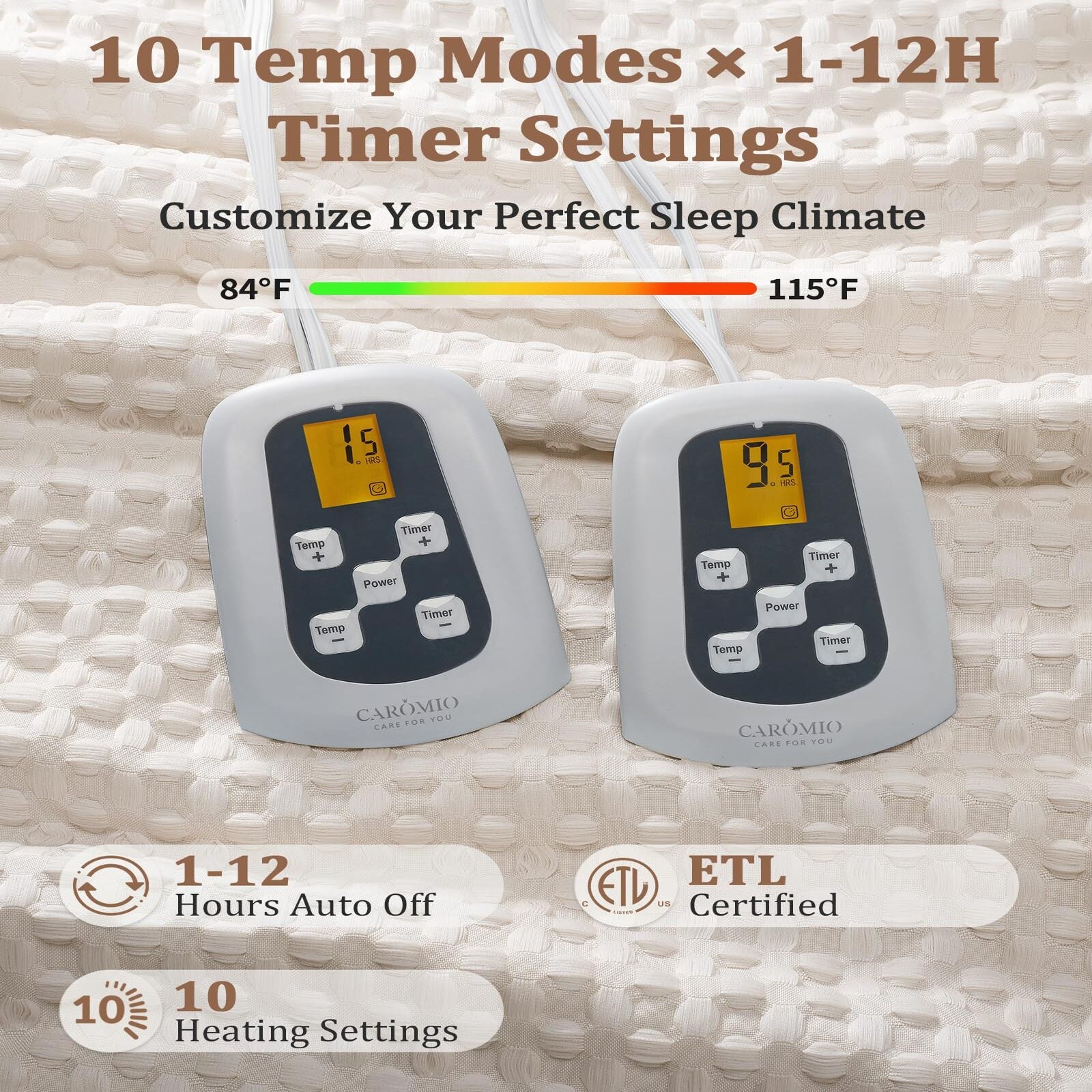 Garvee Heated Blanket Queen Size with LCD Dual Controller, Waffle Weave Fast Heating Electric Blankets, 10 Heat Levels & 1-12H Time Settings, ETL Certified, Machine Washable, Beige, 84" x 90"
