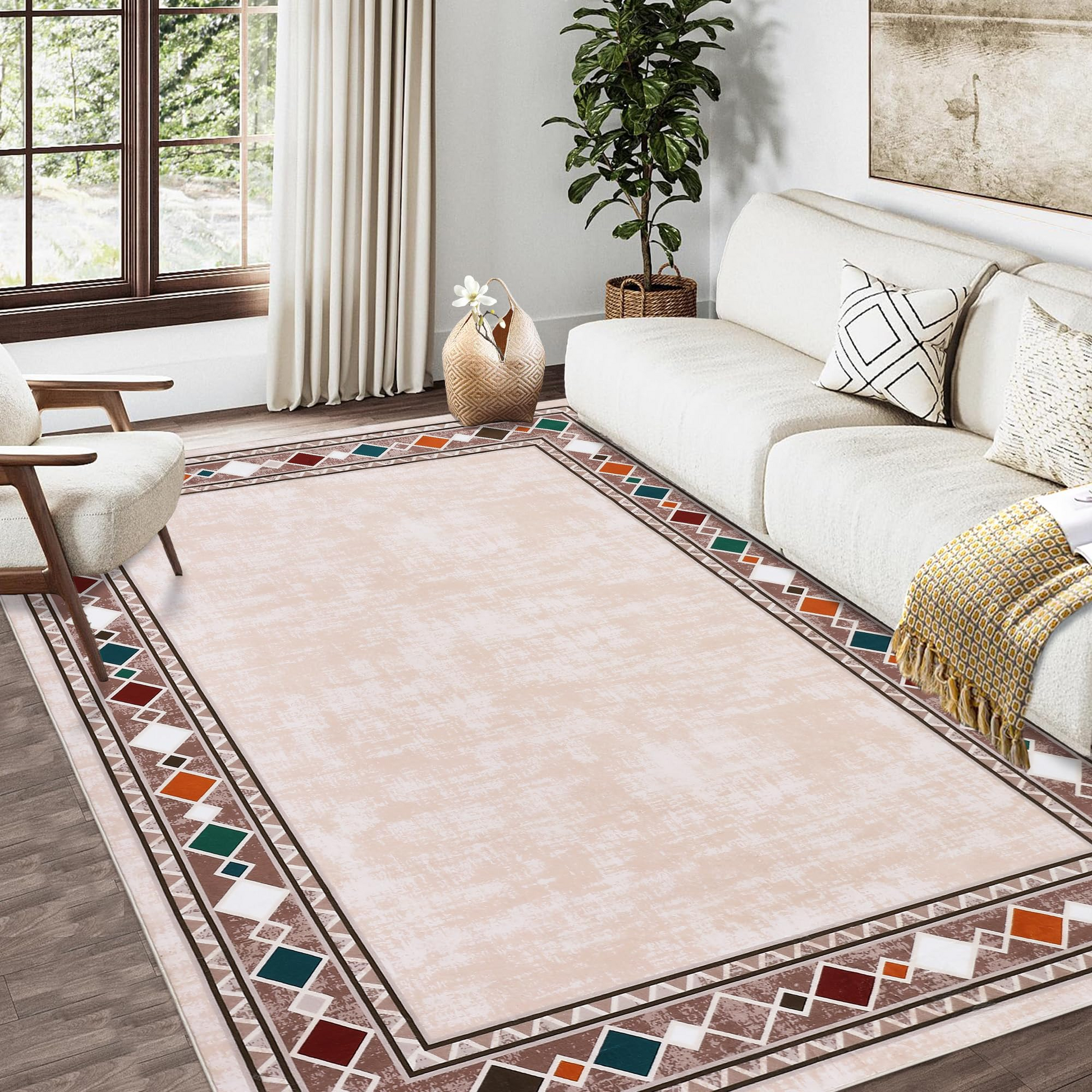 Garvee Bordered Beige 8x10 Rug Washable Stainproof Non-Slip Carpet Minimalist Floor Mat for Living Room, Bedroom, Farmhouse