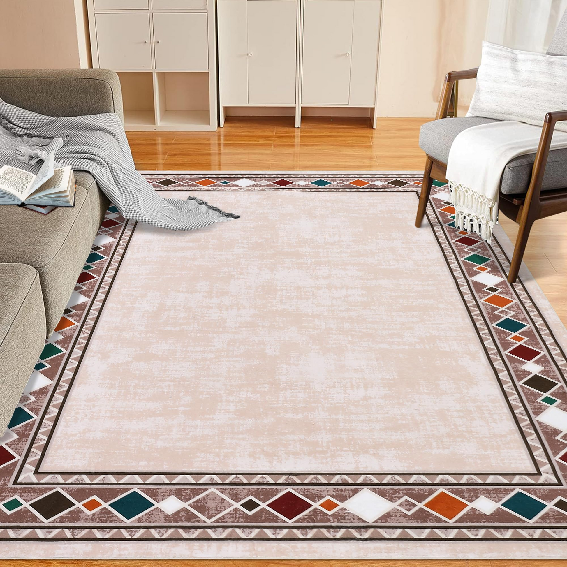 Garvee Bordered Beige 8x10 Rug Washable Stainproof Non-Slip Carpet Minimalist Floor Mat for Living Room, Bedroom, Farmhouse