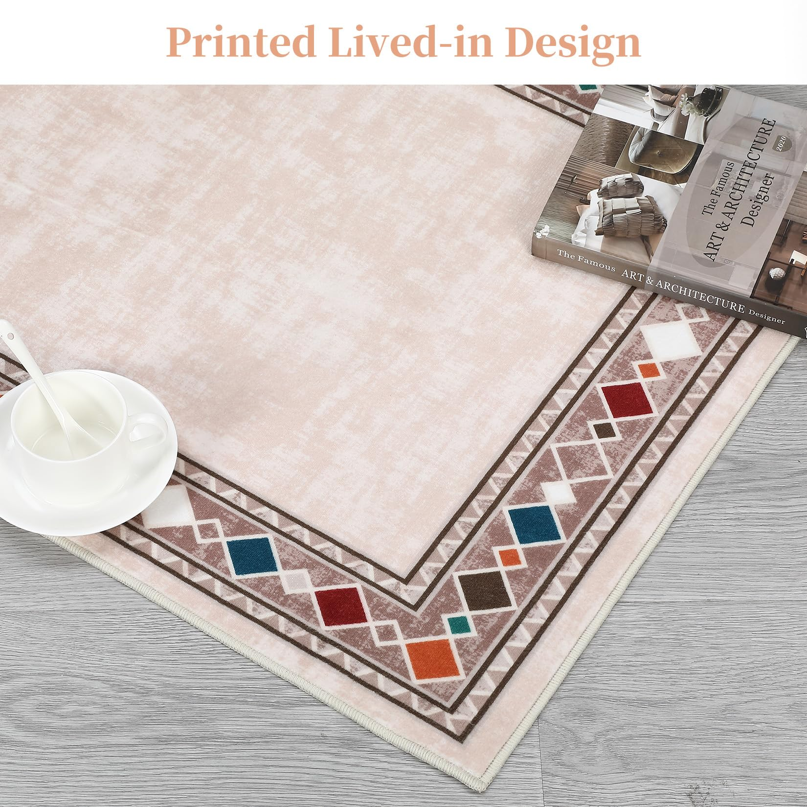 Garvee Bordered Beige 8x10 Rug Washable Stainproof Non-Slip Carpet Minimalist Floor Mat for Living Room, Bedroom, Farmhouse
