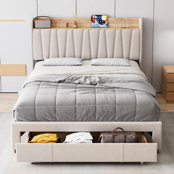 Garvee Twin Size Bed Frame with Headboard, Wooden Full Bed Frame with Storage Headboard and Charging Station, Metal Platform BedFrame with Large Drawers, No Box Spring Needed, Easy Assembly, Beige