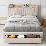 Garvee Full Size Bed Frame with Storage Headboard and Charging Station, Upholstered Platform Bed Frame with Drawer, Mattress Foundation with Solid Wooden Slats Support, No Box Spring Needed, Beige - Beige