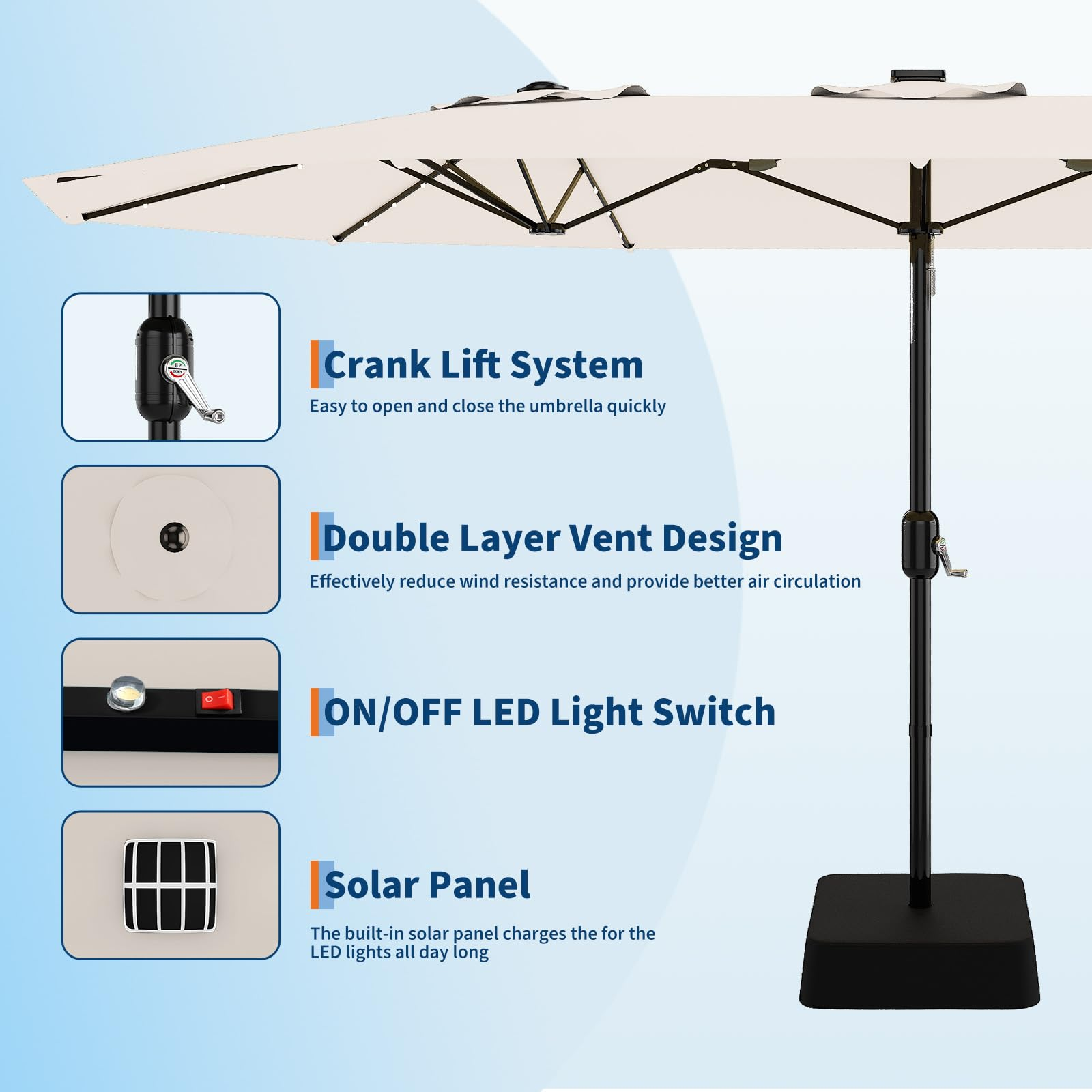 Garvee 15' × 9' Double-Sided Patio Umbrella with Base, 36 Solar LED Lights, UPF50+ Waterproof Rectangle Outdoor Market Umbrella for Pool Deck Backyard