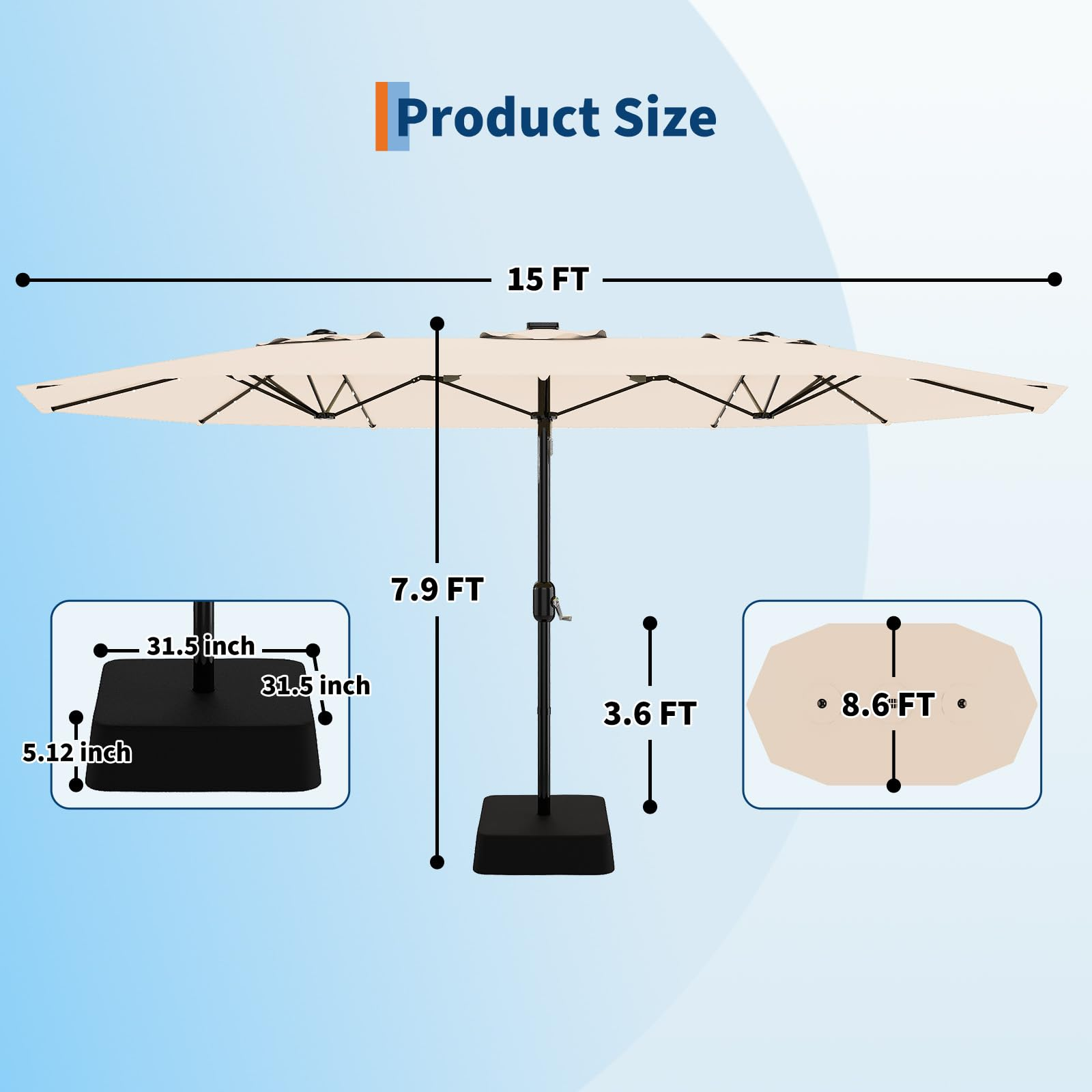Garvee 15' Large Patio Umbrella with Base, Outdoor Double-Sided Rectangle Market Umbrella Outside Umbrellas for Poolside Lawn Backyard, Beige