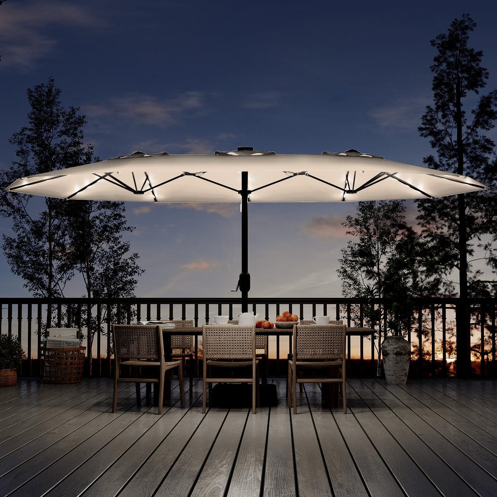 Garvee 15' × 9' Double-Sided Patio Umbrella with Base, 36 Solar LED Lights, UPF50+ Waterproof Rectangle Outdoor Market Umbrella for Pool Deck Backyard