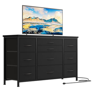 Garvee 10 Drawer Dressers for Bedroom, TV Stand Dresser for 55", Chests of Drawers with Power Outlet for Living Room, Wide Kids Dresser with Fabric Drawers for Clothing, Storage, Black
