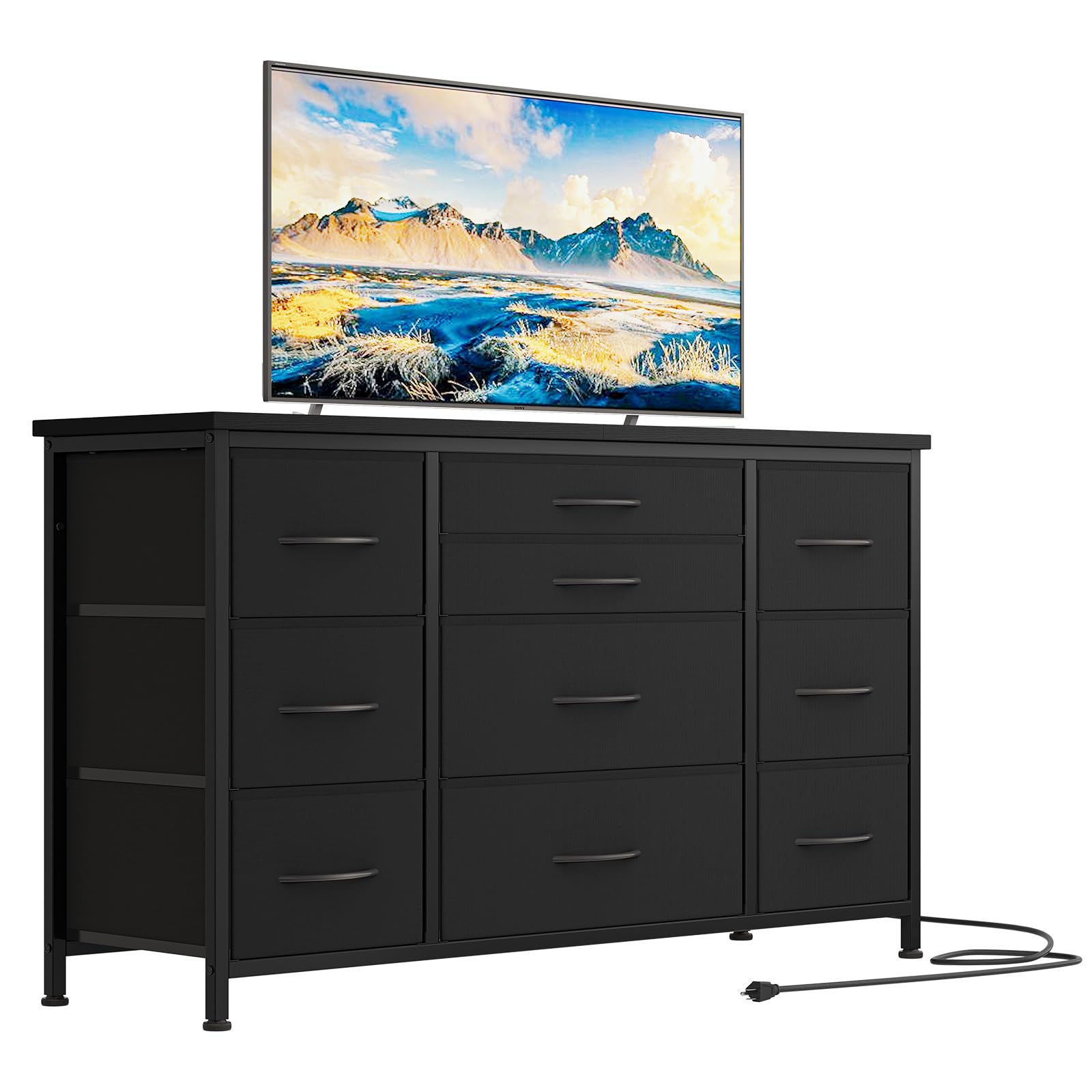 Garvee 10 Drawer Dressers for Bedroom, TV Stand Dresser for 55", Chests of Drawers with Power Outlet for Living Room, Wide Kids Dresser with Fabric Drawers for Clothing, Storage, Black