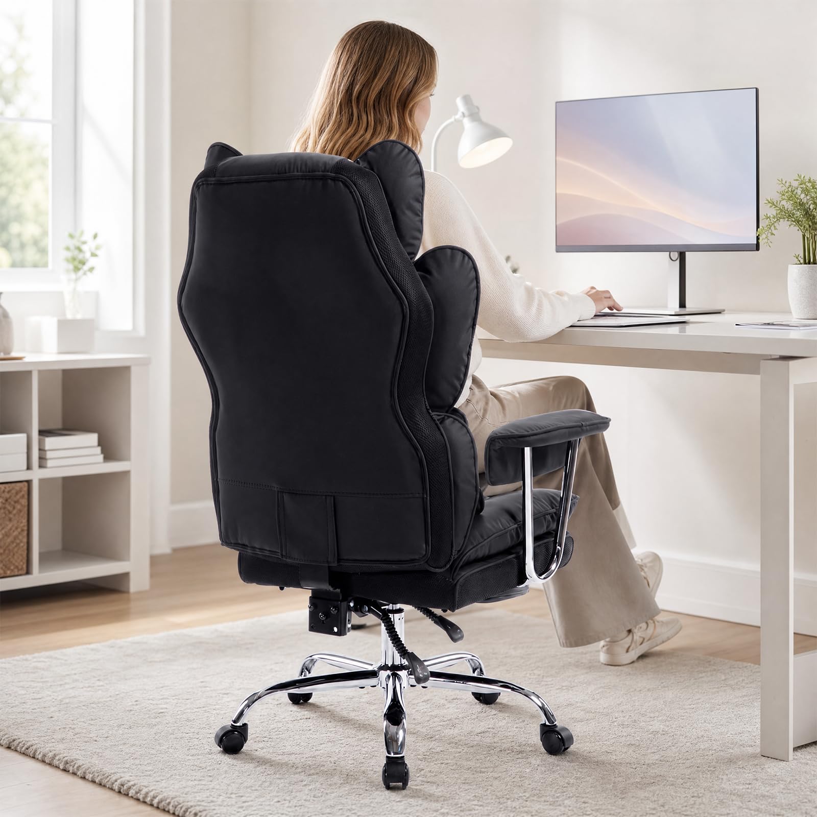 Garvee Big and Tall Ergonomic Office Chair – 350lbs Capacity, High Back Reclining, Footrest, Thick PU Leather Seat, Pocket Spring Lumbar & Pillow Support, Adjustable Armrests – Executive Desk Chair – Black