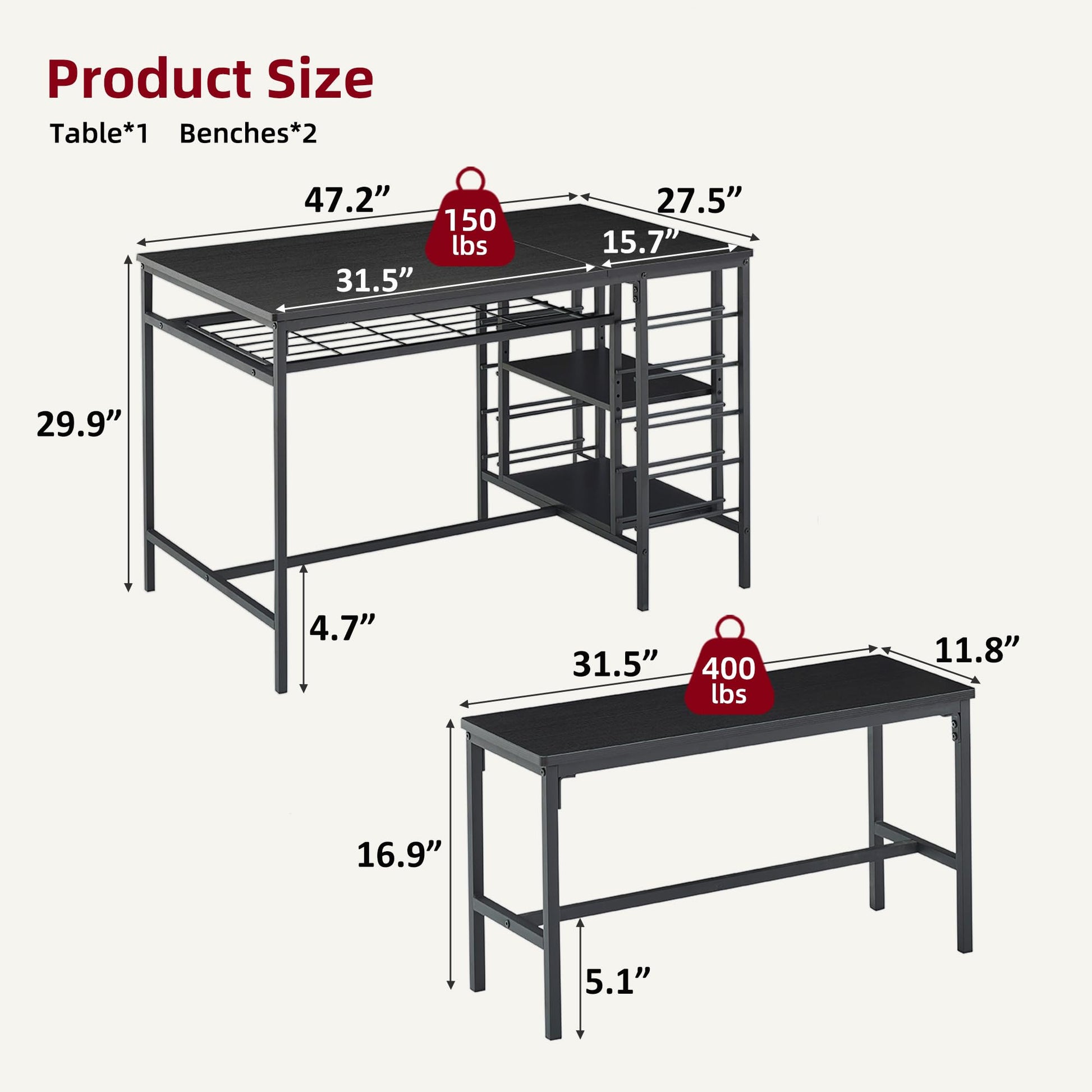 Garvee Dining Table Set for 4, Rectangular Kitchen Table Set with 2 Benches, Wine Rack and Glass Holder, 3 Piece Dining Table Set for Small Space Apartment, Black