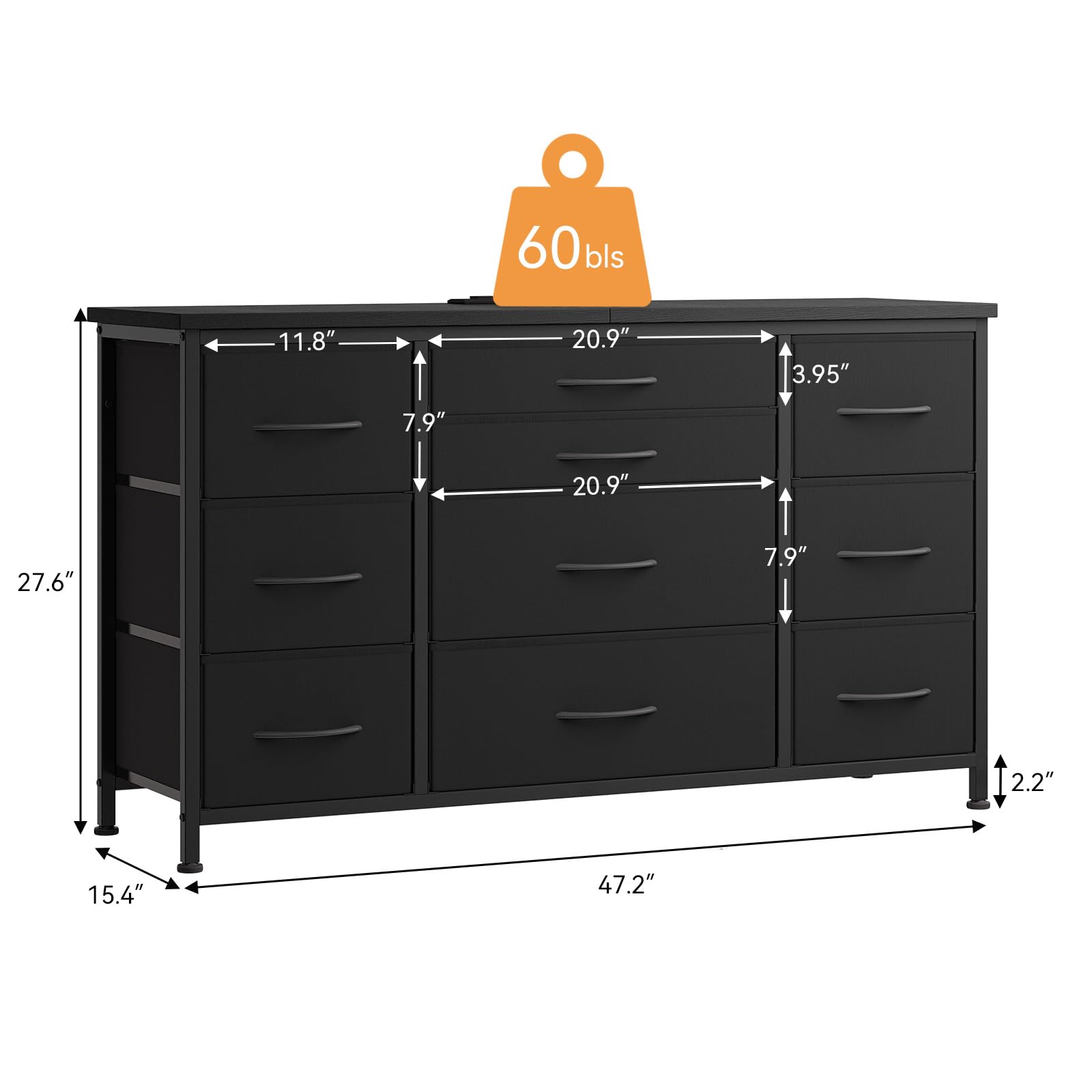 Garvee 10 Drawer Dressers for Bedroom, TV Stand Dresser for 55", Chests of Drawers with Power Outlet for Living Room, Wide Kids Dresser with Fabric Drawers for Clothing, Storage, Black