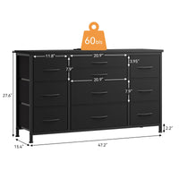 Garvee 10 Drawer Dressers for Bedroom, TV Stand Dresser for 55", Chests of Drawers with Power Outlet for Living Room, Wide Kids Dresser with Fabric Drawers for Clothing, Storage, Black