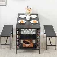 Garvee Dining Table Set for 4, Rectangular Kitchen Table Set with 2 Benches, Wine Rack and Glass Holder, 3 Piece Dining Table Set for Small Space Apartment, Black