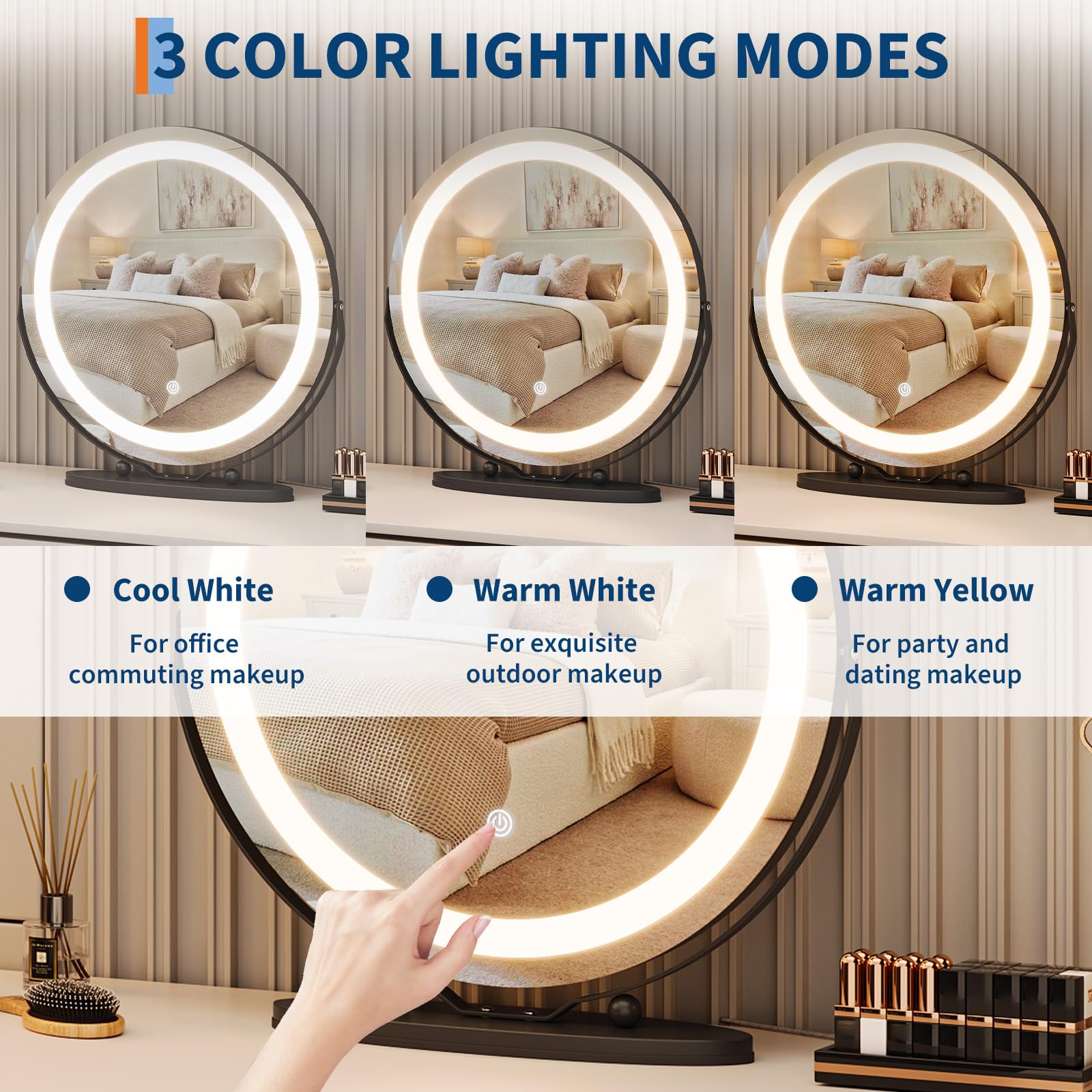 Garvee 19" Vanity Mirror with Led Lights, Large Round HD Makeup Mirror with Touch Control and 3 Color Lighting Modes, 360° Rotating Vanity Mirror for Bedroom, Table Top, Easy to Install, Black