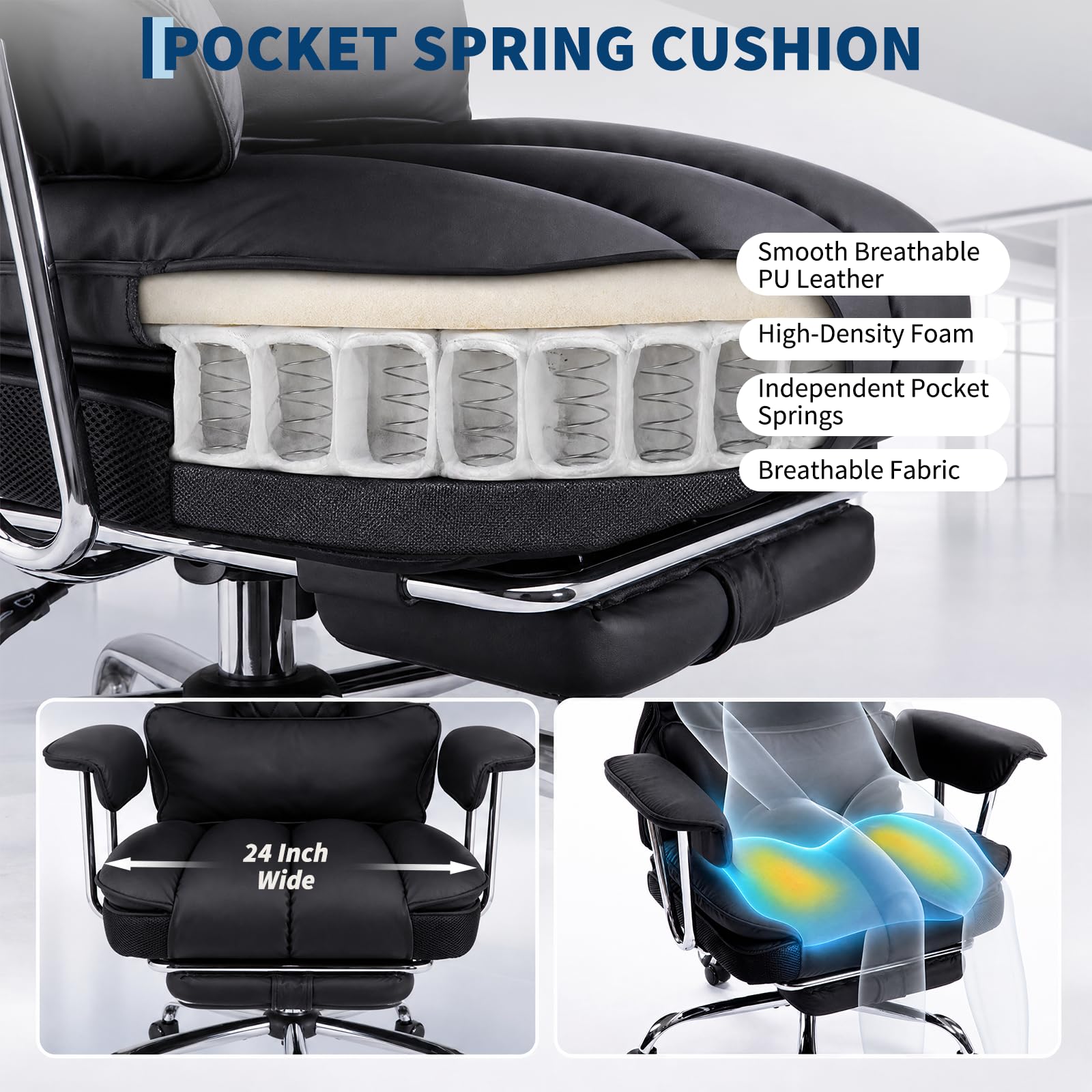 Garvee Big and Tall Ergonomic Office Chair – 350lbs Capacity, High Back Reclining, Footrest, Thick PU Leather Seat, Pocket Spring Lumbar & Pillow Support, Adjustable Armrests – Executive Desk Chair – Black