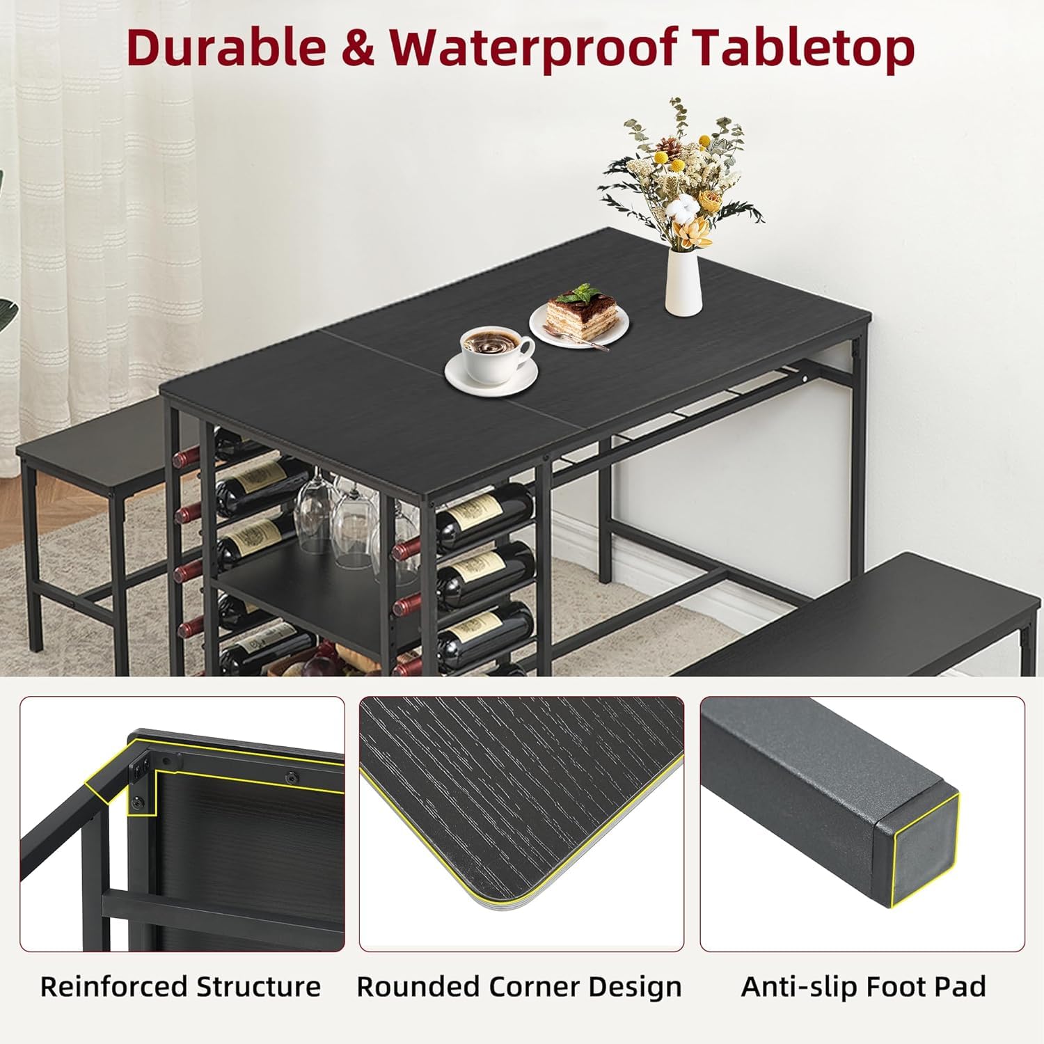 Garvee Dining Table Set for 4, Rectangular Kitchen Table Set with 2 Benches, Wine Rack and Glass Holder, 3 Piece Dining Table Set for Small Space Apartment, Black