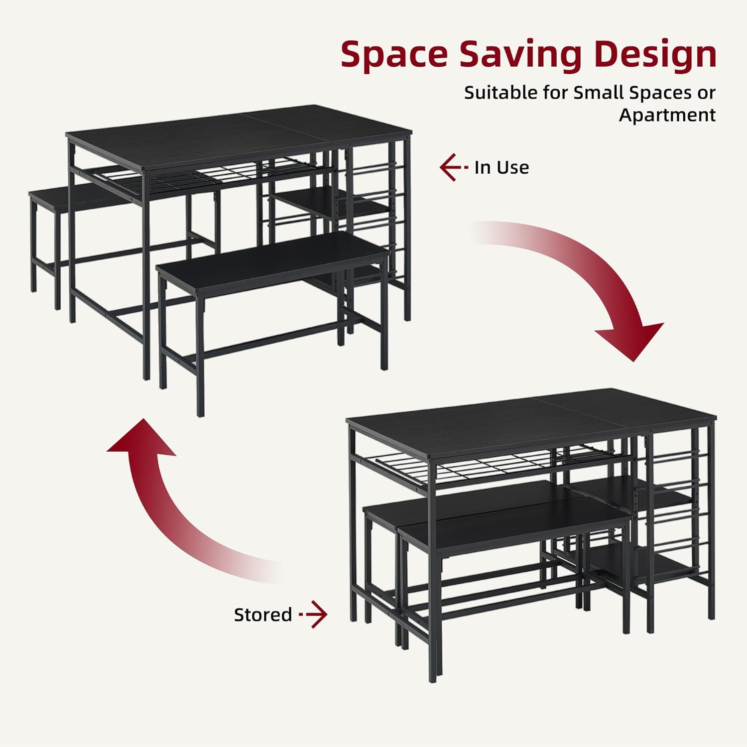 Garvee Dining Table Set for 4, Rectangular Kitchen Table Set with 2 Benches, Wine Rack and Glass Holder, 3 Piece Dining Table Set for Small Space Apartment, Black