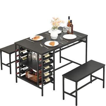 Garvee Dining Table Set for 4, Rectangular Kitchen Table Set with 2 Benches, Wine Rack and Glass Holder, 3 Piece Dining Table Set for Small Space Apartment, Black