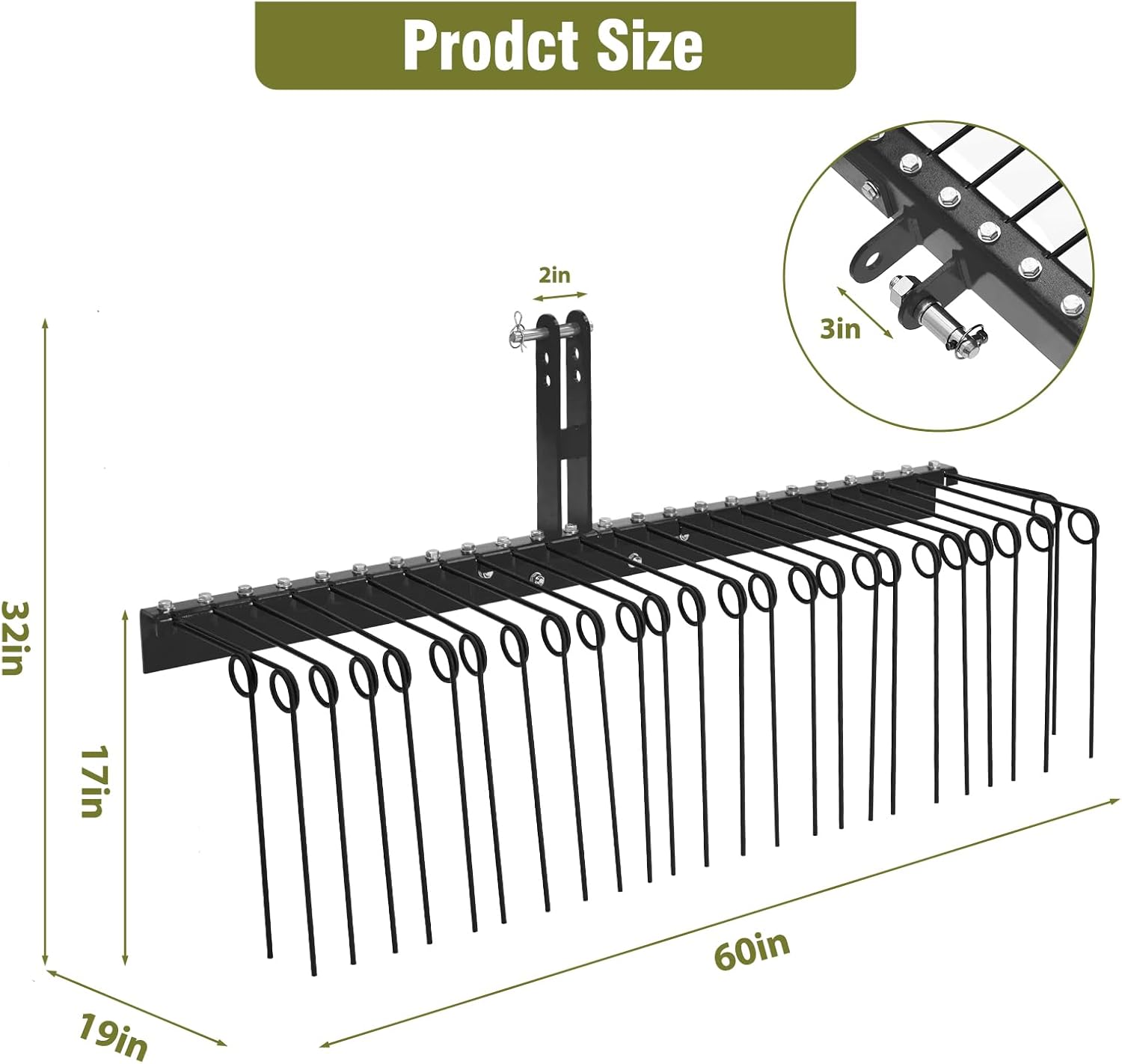 Garvee 60" Pine Straw Rake Updated Version - 8mm Tines, Steel Tow Behind for Cat 0/1 Tractors - Ideal for Leaves & Grass, Black