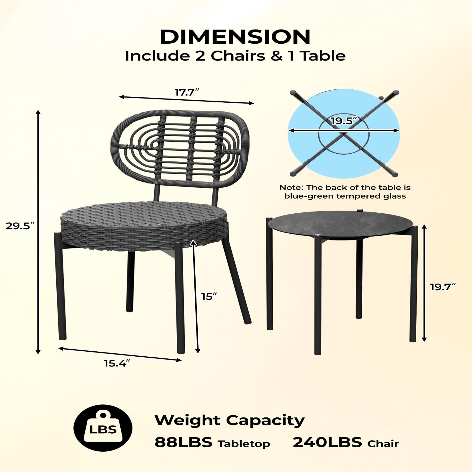 Garvee 3 Piece Patio Bistro Set, Outdoor Wicker Chairs with Table, Rattan Patio Furniture Set for Outdoor, Patio, Deck, Backyard, Black & Grey