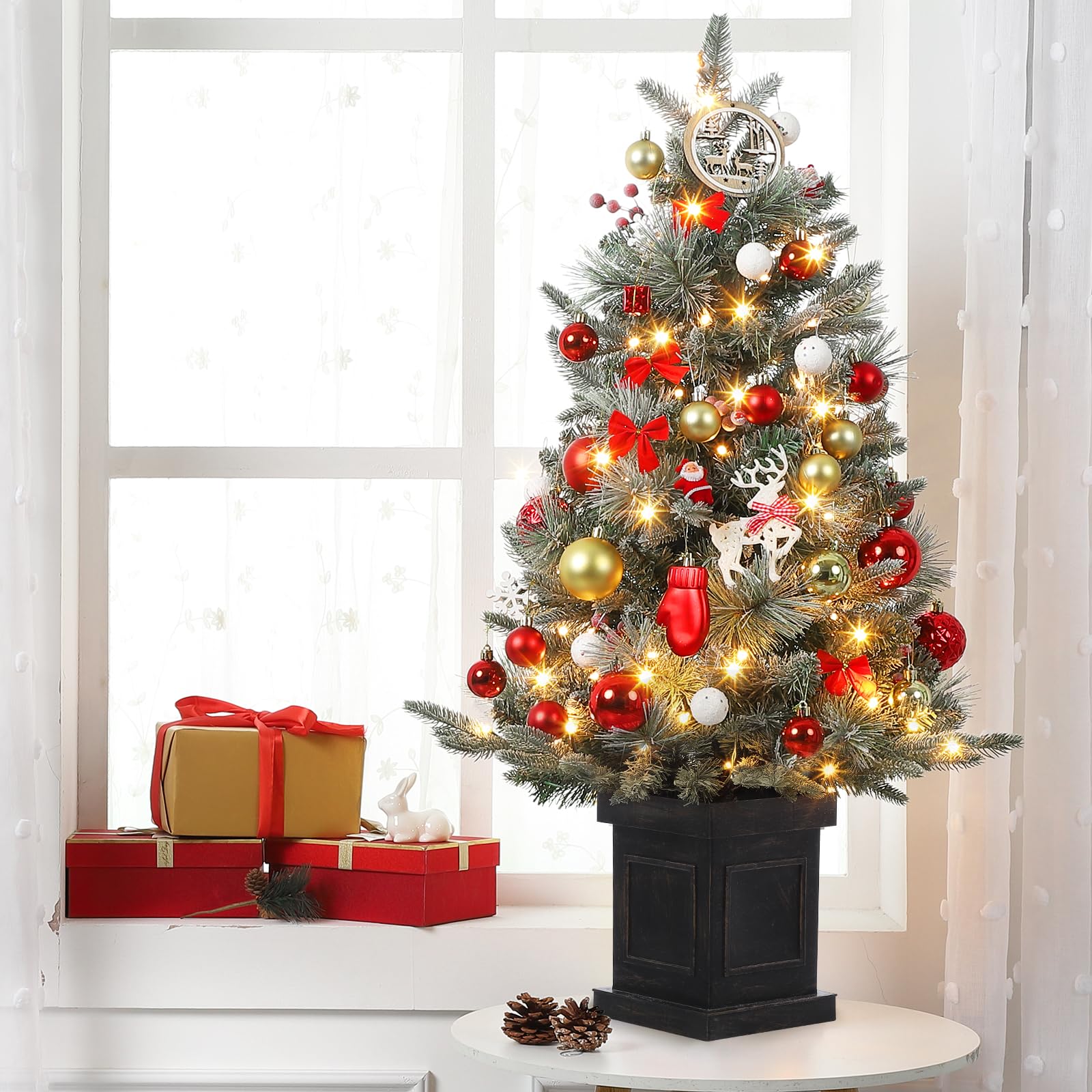 Garvee 3ft Prelit Premium Snow Flocked Artificial Christmas Tree with 8 Modes Warm White Led, Mini Prelit Xmas Pine Tree for Christmas Decoration, Yard, Home, Office, Outdoor, Indoor