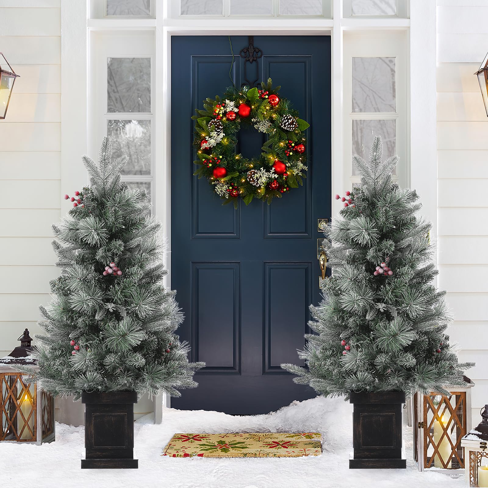 Garvee 3ft Prelit Premium Snow Flocked Artificial Christmas Tree with 8 Modes Warm White Led, Mini Prelit Xmas Pine Tree for Christmas Decoration, Yard, Home, Office, Outdoor, Indoor