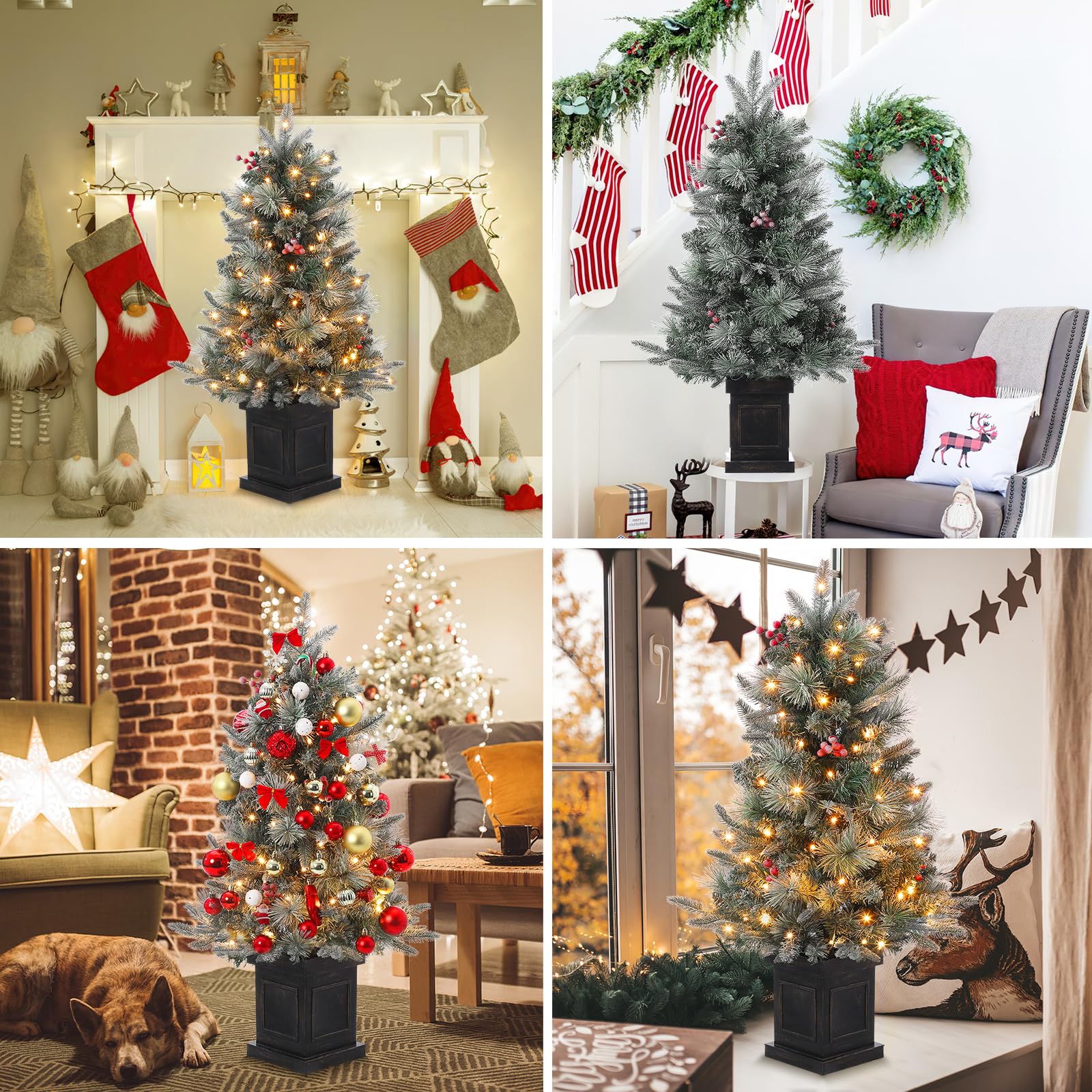 Garvee 3ft Prelit Premium Snow Flocked Artificial Christmas Tree with 8 Modes Warm White Led, Mini Prelit Xmas Pine Tree for Christmas Decoration, Yard, Home, Office, Outdoor, Indoor