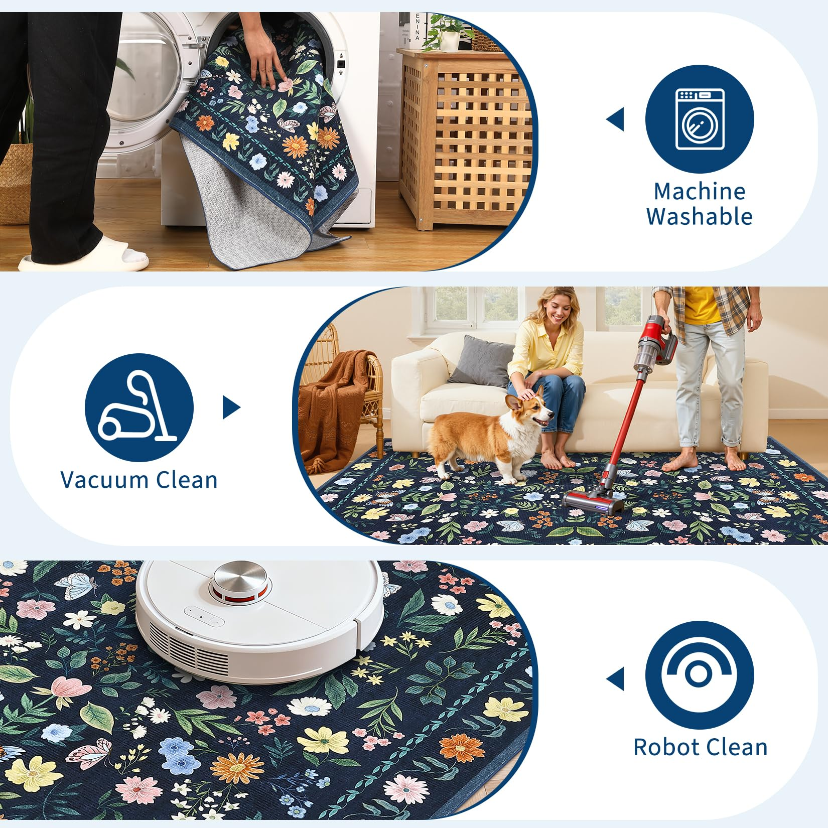 Garvee Washable Floral Rug Non Slip Living Room Rug, Area Rugs Vintage Distressed Soft Carpet for Bedroom, Dinning Room, Home Office