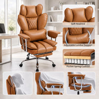Garvee Big and Tall Ergonomic Office Chair – 350LBS Heavy Duty, High Back Reclining, Footrest, Thick Padded Pocket Spring Seat, Lumbar Support, Adjustable Armrests, PU Leather – Executive Chair – Brown
