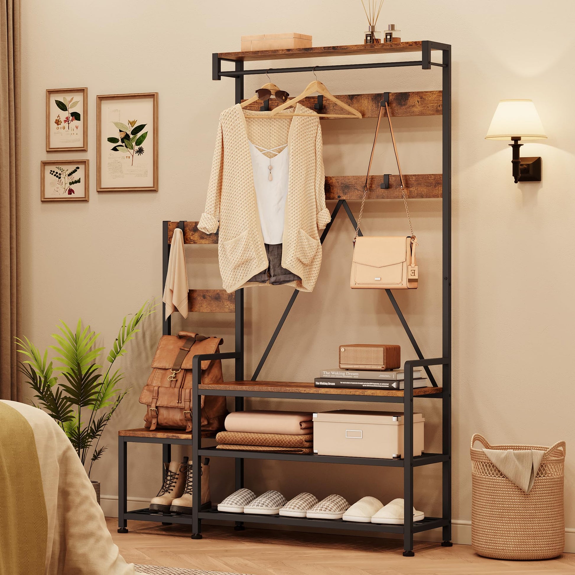 Garvee Hall Tree With Bench and Shoe Storage Parent-Child Coat Rack Shoe Bench Industrial Coat Tree Entryway Large Organizer With Shoe Rack, Storage Cubbies, Hooks, and Top Shelf Black