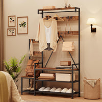 Garvee Hall Tree With Bench and Shoe Storage Parent-Child Coat Rack Shoe Bench Industrial Coat Tree Entryway Large Organizer With Shoe Rack, Storage Cubbies, Hooks, and Top Shelf Black