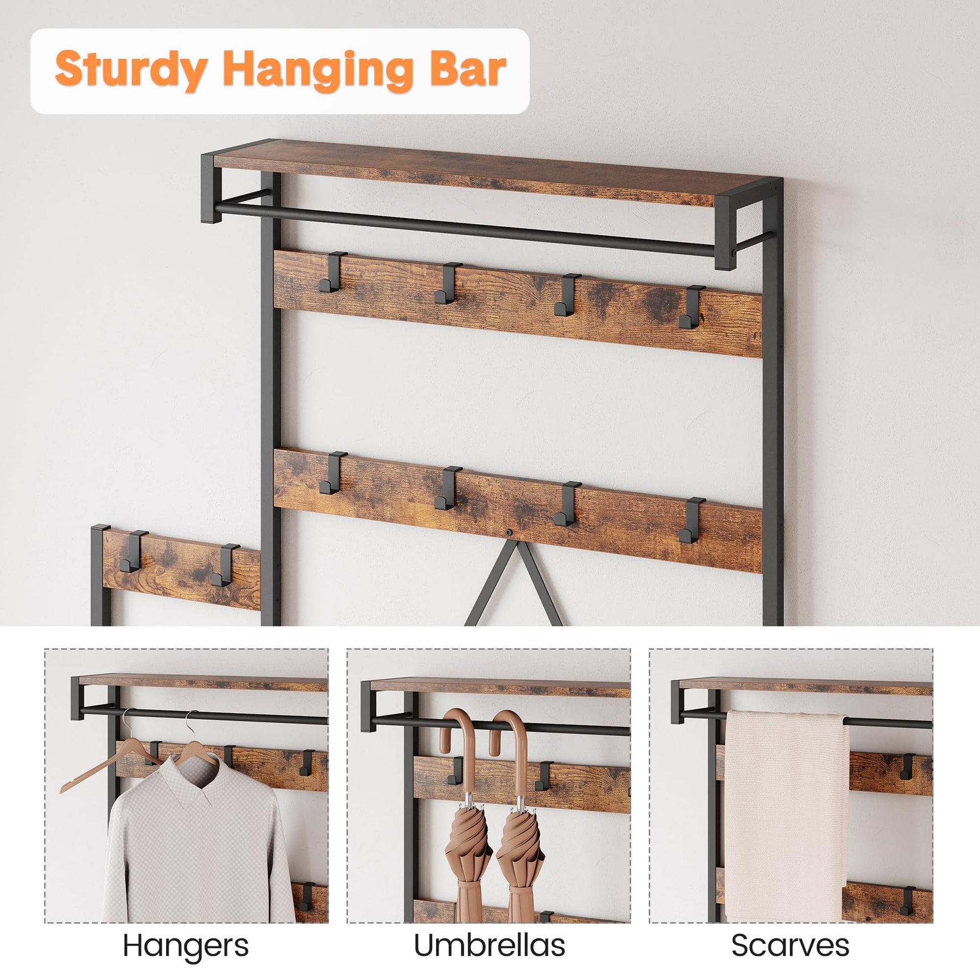 Garvee Hall Tree With Bench and Shoe Storage Parent-Child Coat Rack Shoe Bench Industrial Coat Tree Entryway Large Organizer With Shoe Rack, Storage Cubbies, Hooks, and Top Shelf Black