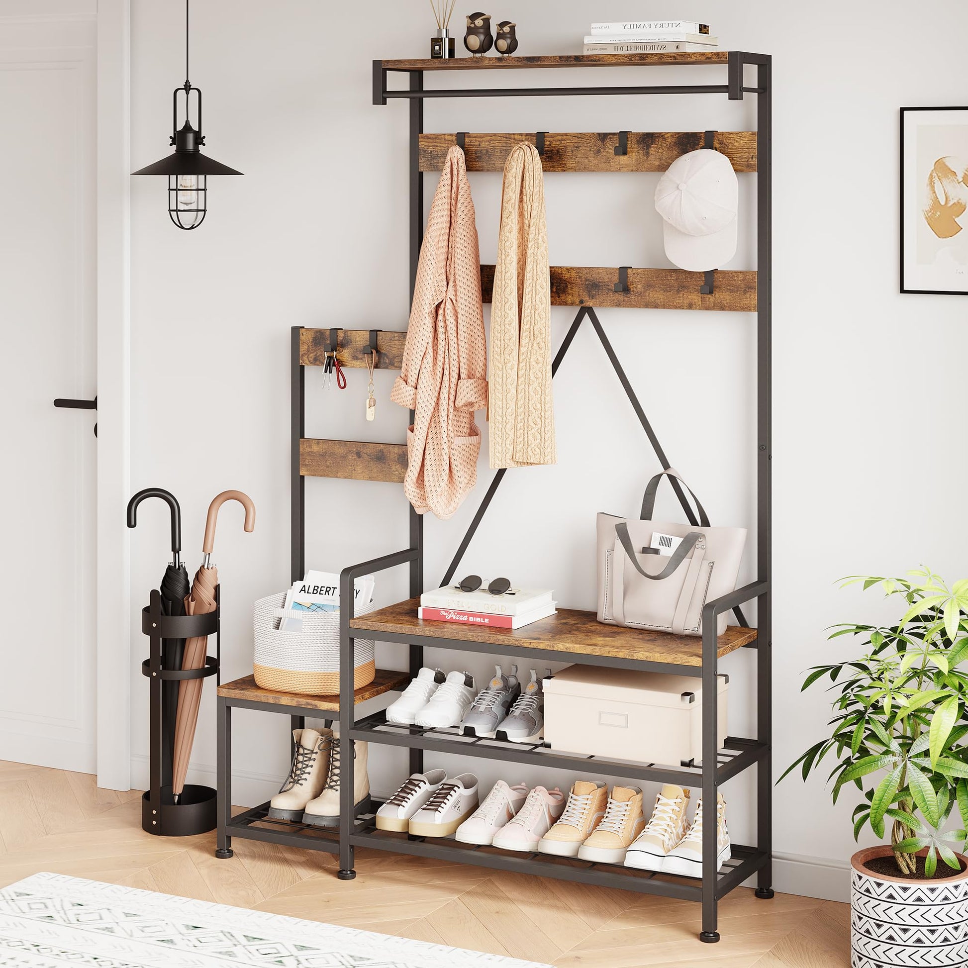 Garvee Hall Tree With Bench and Shoe Storage Parent-Child Coat Rack Shoe Bench Industrial Coat Tree Entryway Large Organizer With Shoe Rack, Storage Cubbies, Hooks, and Top Shelf Black