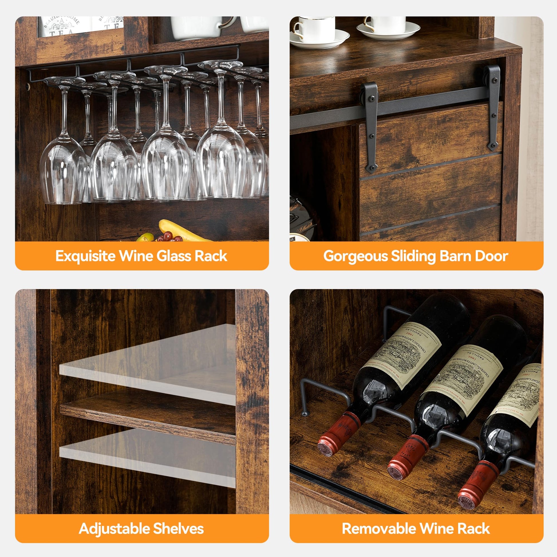 Garvee 70'' Wine Coffee Bar Cabinet with Storage Hutch, Tall Kitchen Pantry Liquor Cabinet with Sliding Barn Doors, Bottle Glasses Rack, Farmhouse Buffet for Home Dining Room, Brown