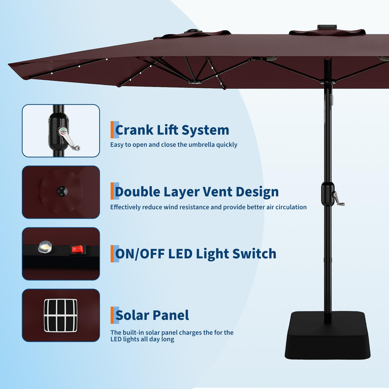 Garvee 15 × 9 ft Solar Patio Umbrella, Double-Sided Outdoor Umbrella with 36 LED Lights, Crank Lift, Cross Base & Sandbags for Patio, Poolside and Backyard, Wine Red