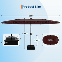 Garvee 15 × 9 ft Solar Patio Umbrella, Double-Sided Outdoor Umbrella with 36 LED Lights, Crank Lift, Cross Base & Sandbags for Patio, Poolside and Backyard, Wine Red