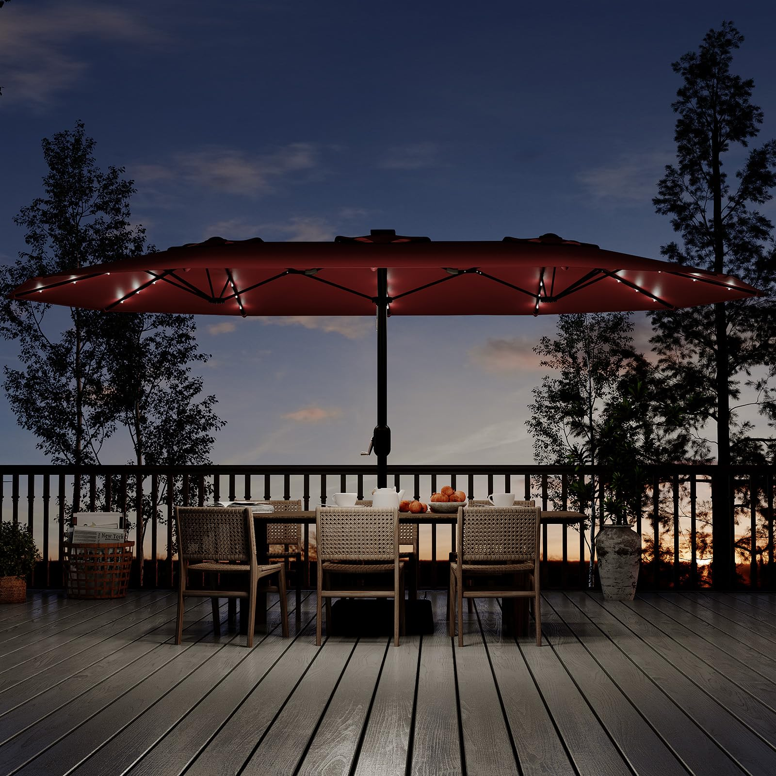 Garvee 15 × 9 ft Solar Patio Umbrella, Double-Sided Outdoor Umbrella with 36 LED Lights, Crank Lift, Cross Base & Sandbags for Patio, Poolside and Backyard, Wine Red