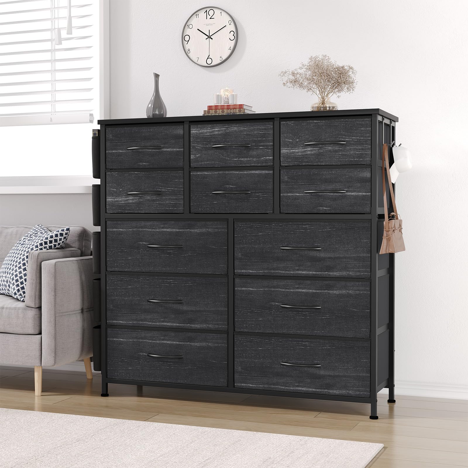 Garvee 12 Drawer Dresser for for Bedroom, Fabric Dressers & Chest of Drawers Tall Dressers for Bedroom Closet, Clothes, Wooden Top, Sturdy Metal Frame - Charcoal Black