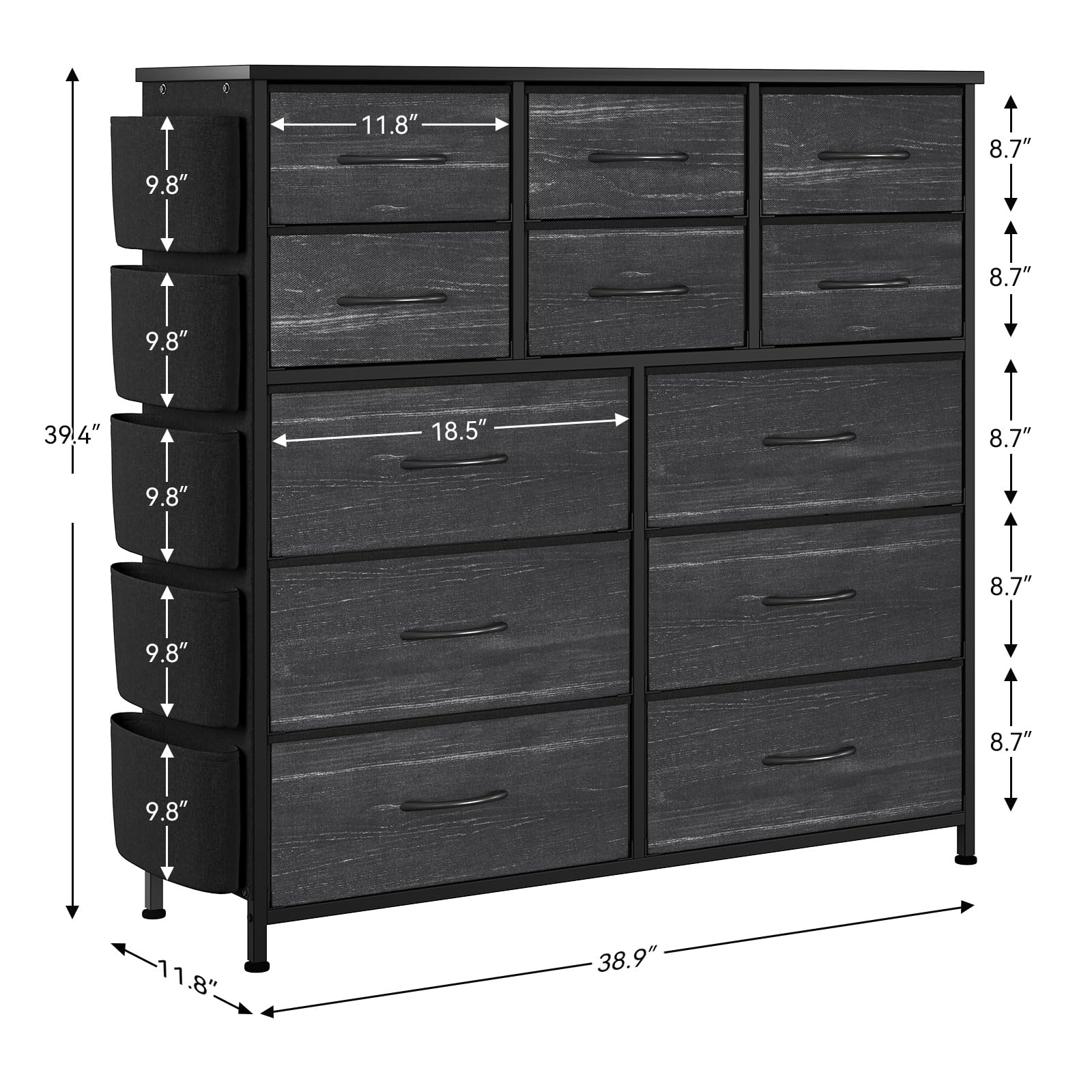 Garvee 12 Drawer Dresser for for Bedroom, Fabric Dressers & Chest of Drawers Tall Dressers for Bedroom Closet, Clothes, Wooden Top, Sturdy Metal Frame - Charcoal Black
