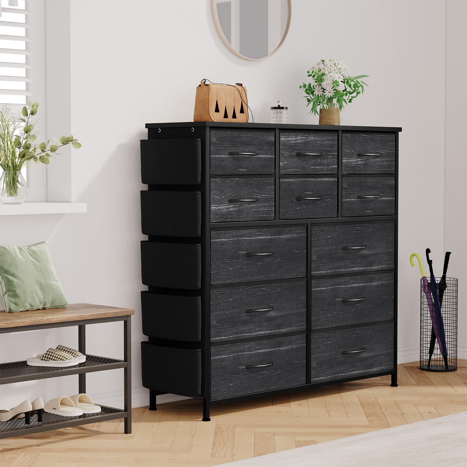Garvee 12 Drawer Dresser for for Bedroom, Fabric Dressers & Chest of Drawers Tall Dressers for Bedroom Closet, Clothes, Wooden Top, Sturdy Metal Frame - Charcoal Black