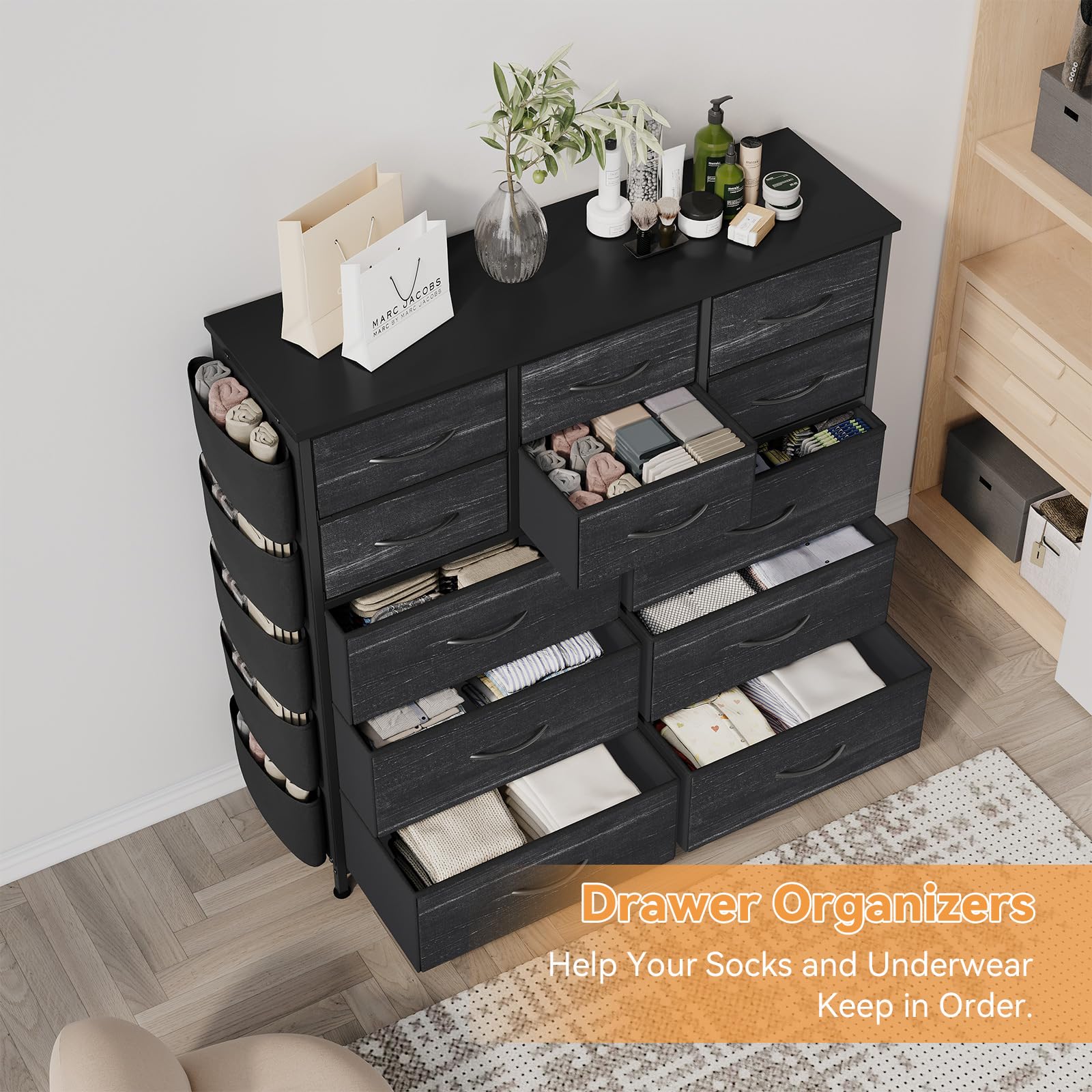 Garvee 12 Drawer Dresser for for Bedroom, Fabric Dressers & Chest of Drawers Tall Dressers for Bedroom Closet, Clothes, Wooden Top, Sturdy Metal Frame - Charcoal Black