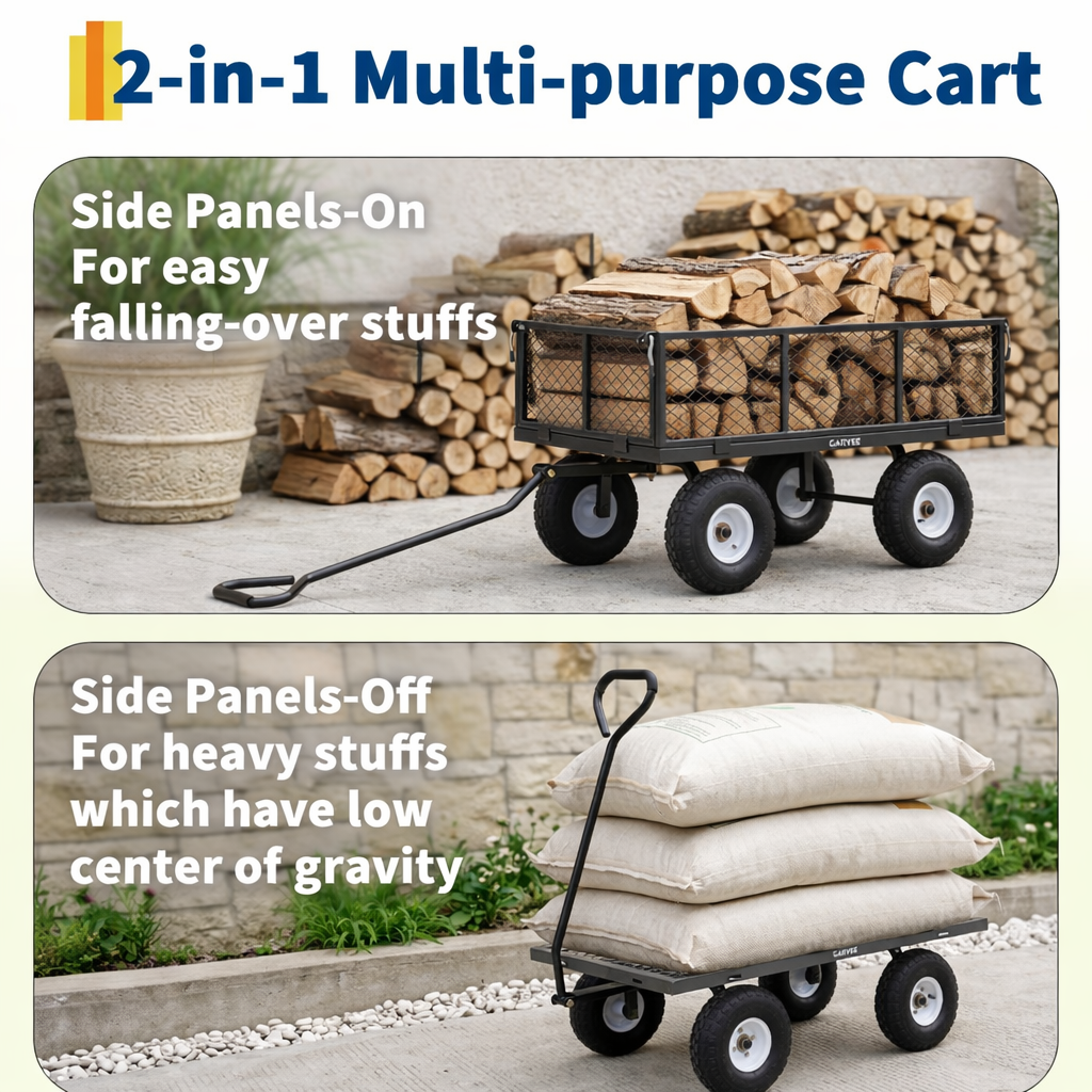 Garvee Versatile Outdoor Utility Cart - 800LBS Heavy-Duty, 10" All-Terrain Pneumatic Tires, Easy Maneuverable Lawn Cart with Removable Mesh Panels for Gardening & Landscaping, Grey
