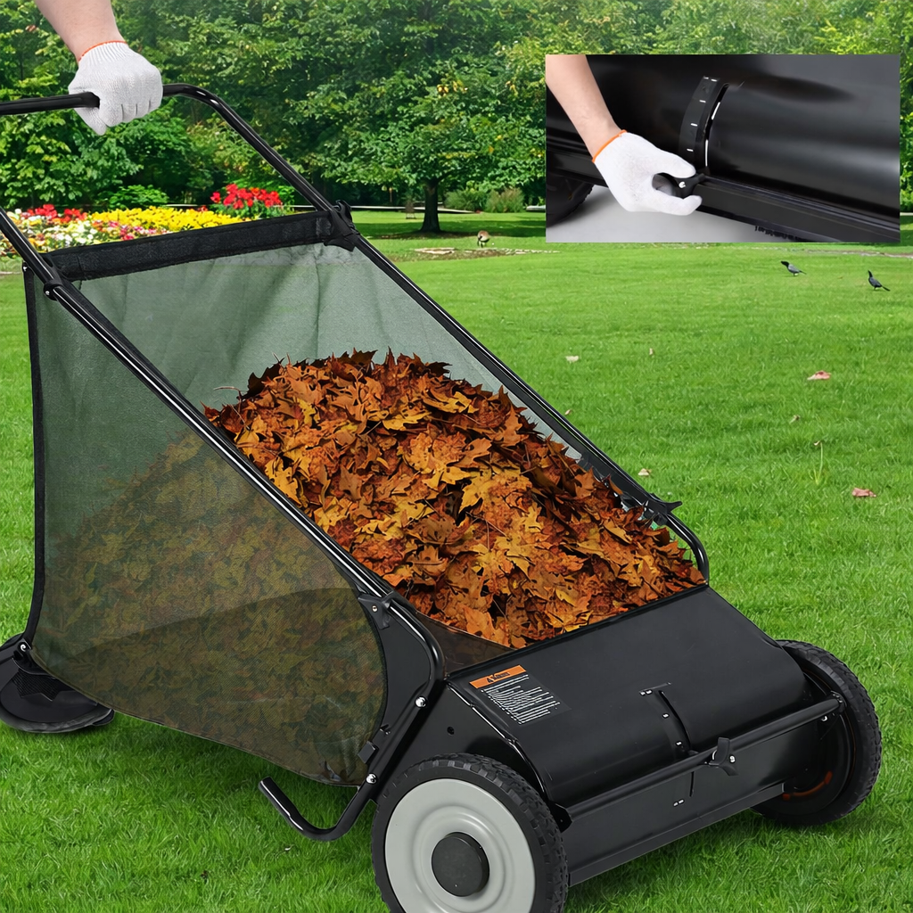 Garvee 21" Push Lawn Sweeper with 4-Brush System, Heavy Duty Steel Yard Leaf Collector, Adjustable Height, 3.5 Cu Ft Bag, Manual Grass & Lawn Cleaner Black