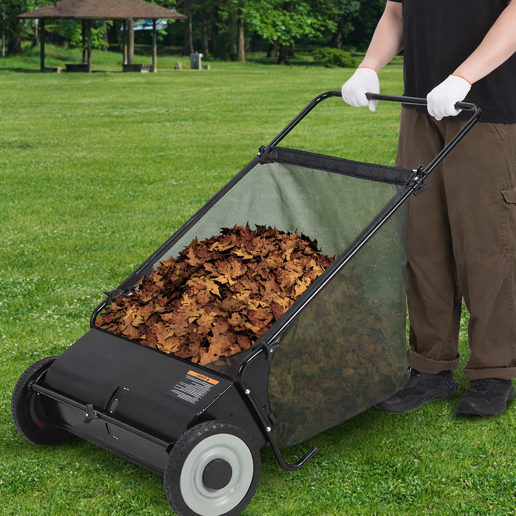 Garvee 21" Push Lawn Sweeper with 4-Brush System, Heavy Duty Steel Yard Leaf Collector, Adjustable Height, 3.5 Cu Ft Bag, Manual Grass & Lawn Cleaner Black